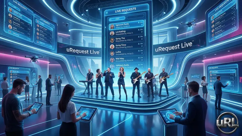 Futuristic 2026 corporate event with interactive LED screens and modern live band