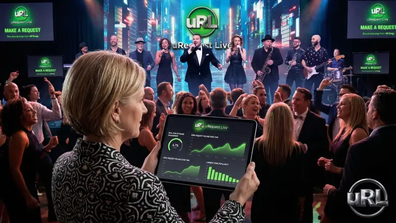 Event planner checking analytics on tablet while crowd enjoys live band