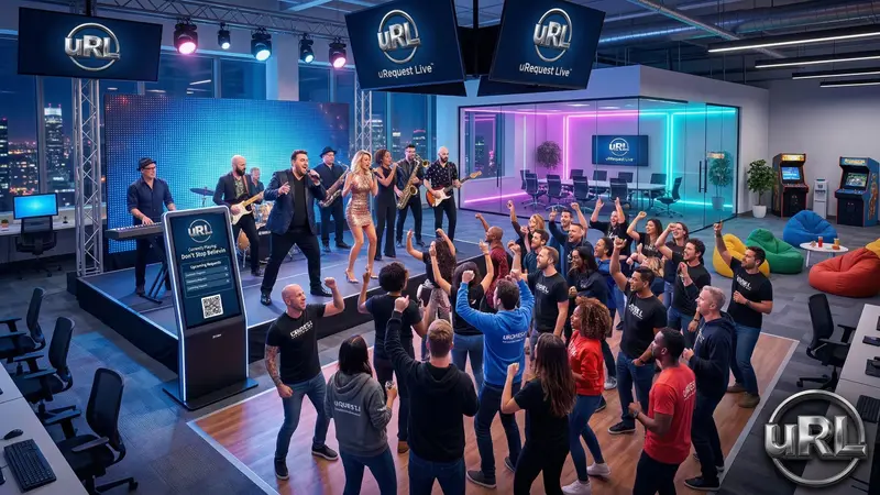 Tech company party with interactive live band in modern office space with engineers dancing