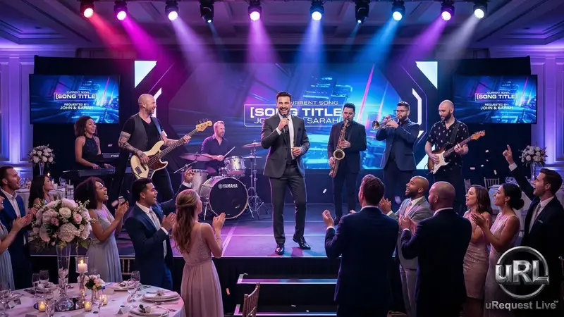 Wedding guest singing karaoke with live band backing at Toronto reception