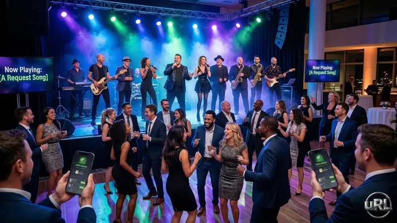 Employees dancing and bonding at corporate event with live band entertainment