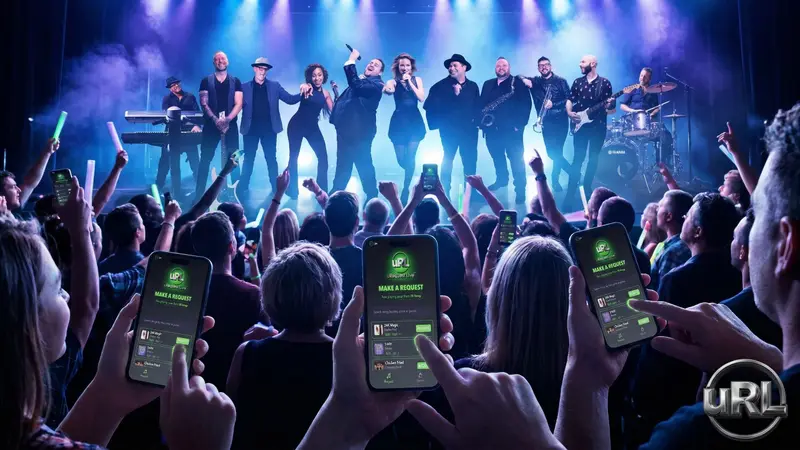Audience enthusiastically choosing songs on phones at interactive live concert