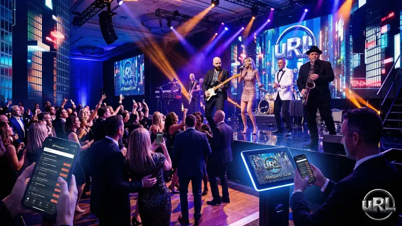 Energized corporate event crowd dancing and making song requests on their phones