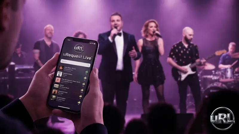 Song request app interface on smartphone at live music event with band performing
