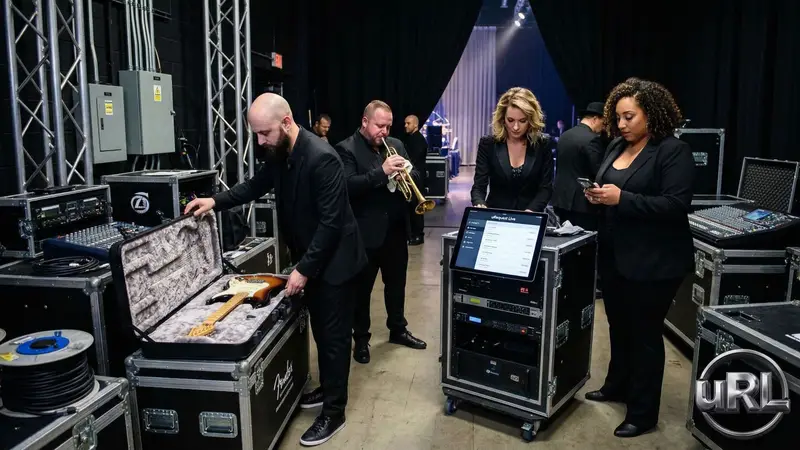 Professional corporate event band backstage preparing with premium instruments and sharp suits