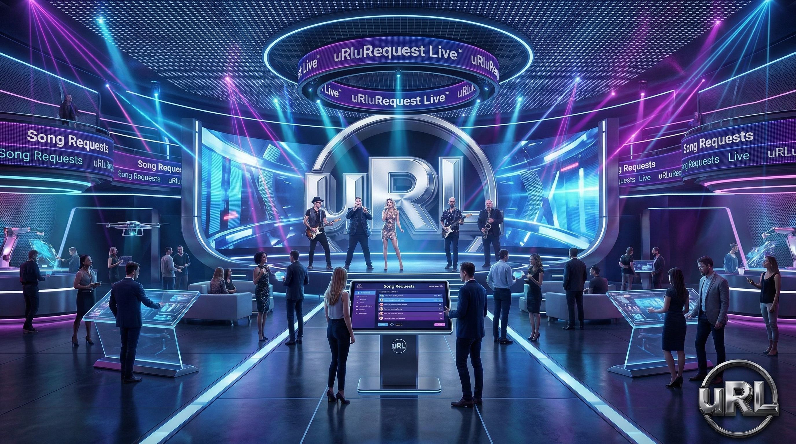 Wide view of technology-forward corporate event venue with interactive entertainment