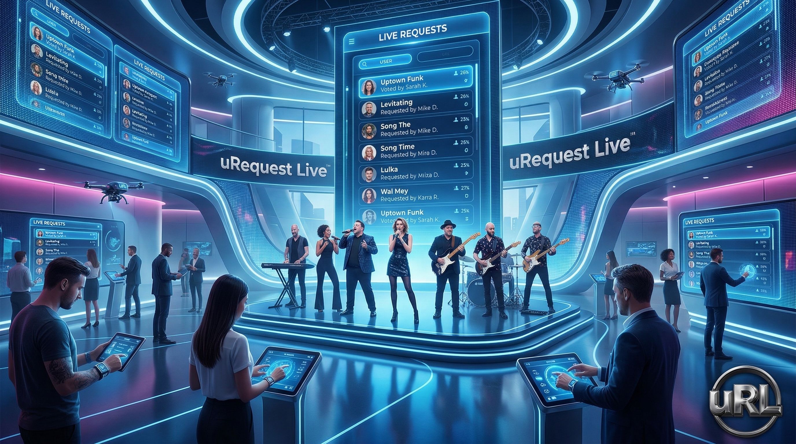 Futuristic 2026 corporate event with interactive LED screens and modern live band