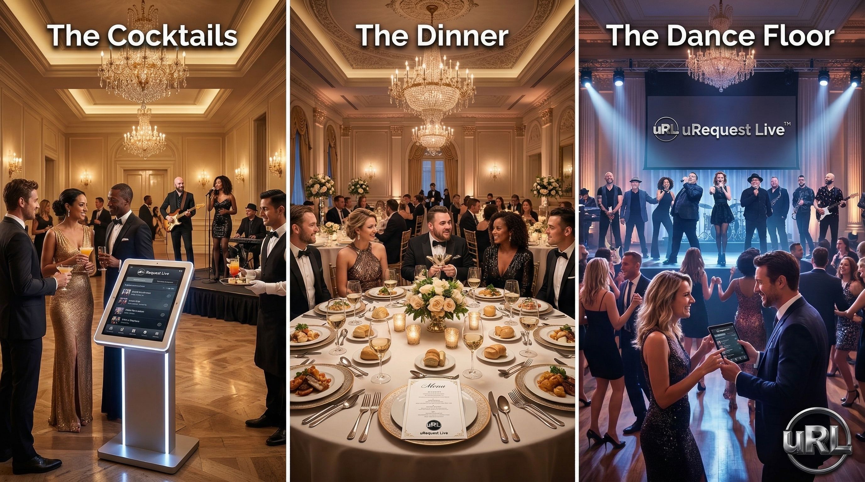 Corporate event entertainment timeline from cocktails through dinner to dance floor