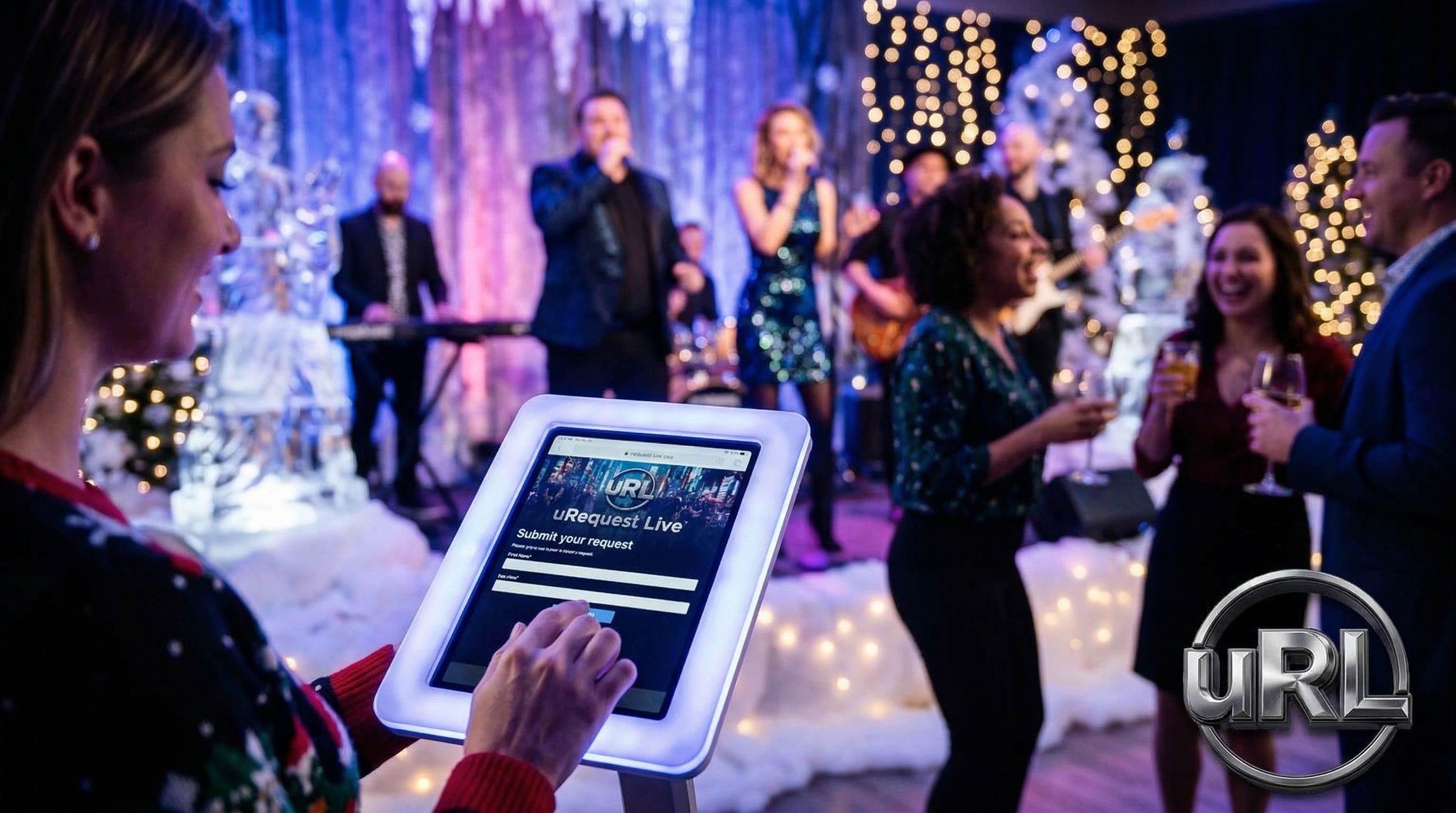 Holiday-themed corporate event with festive decorations and live music entertainment