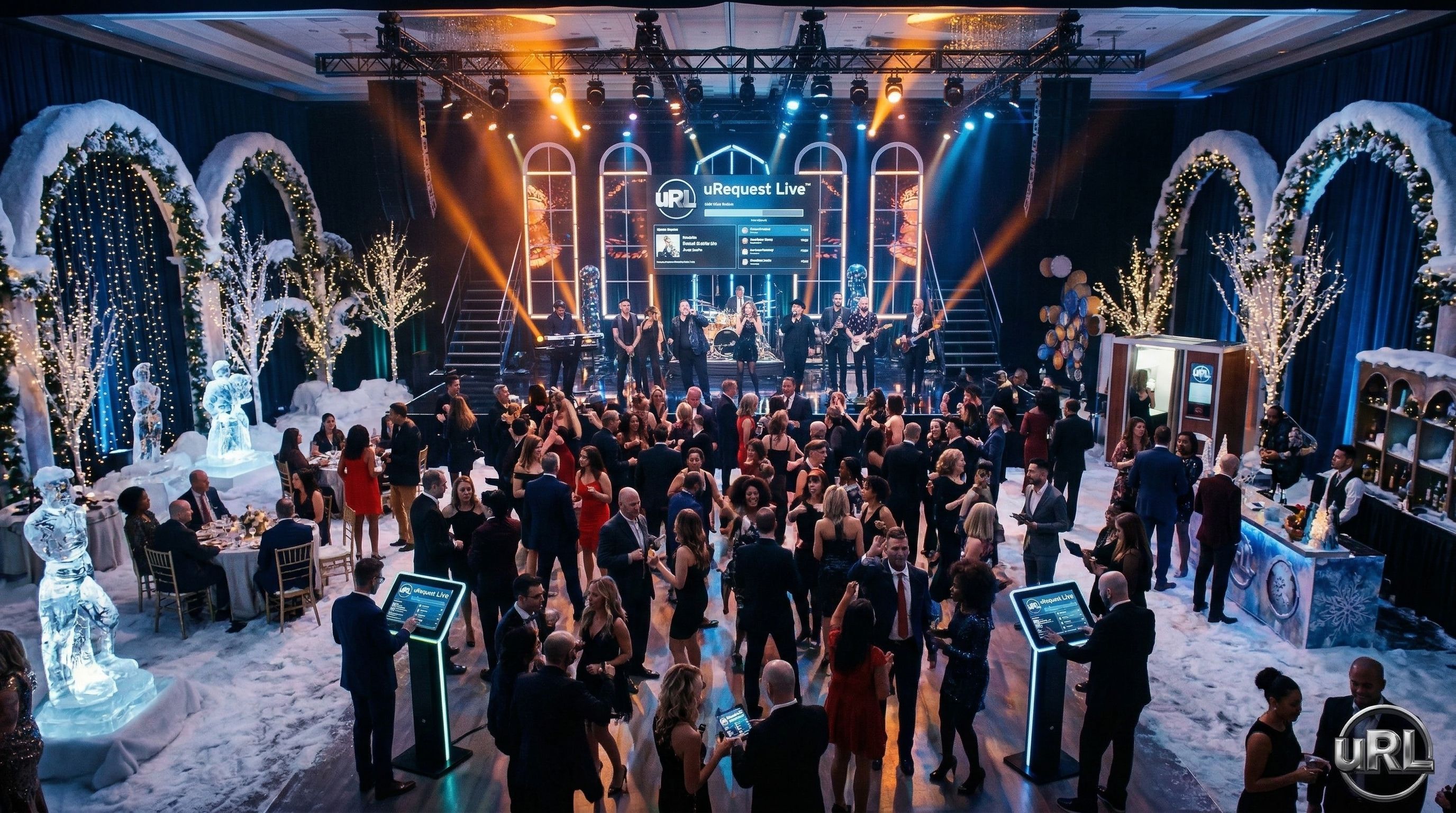 Full venue winter wonderland corporate holiday party with live band and dancing