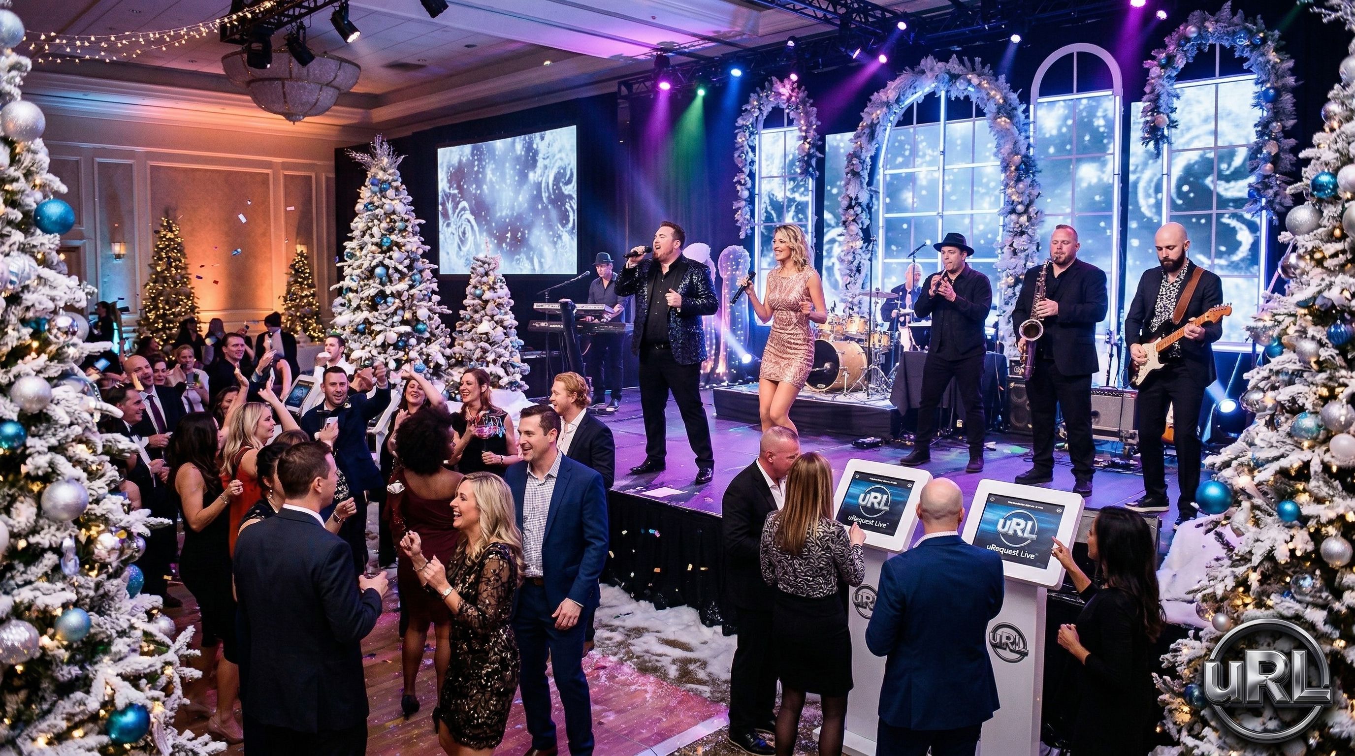 Festive corporate holiday party with live band performing and employees celebrating