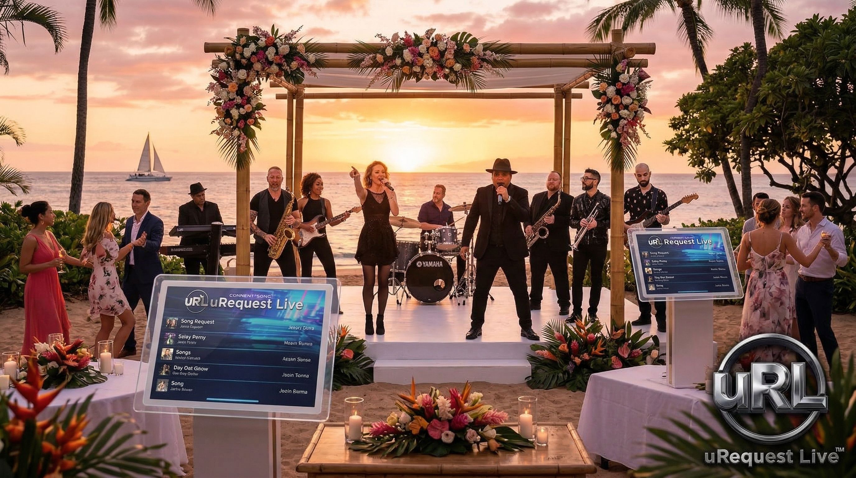 Destination wedding with live band setup at beachside tropical venue at sunset