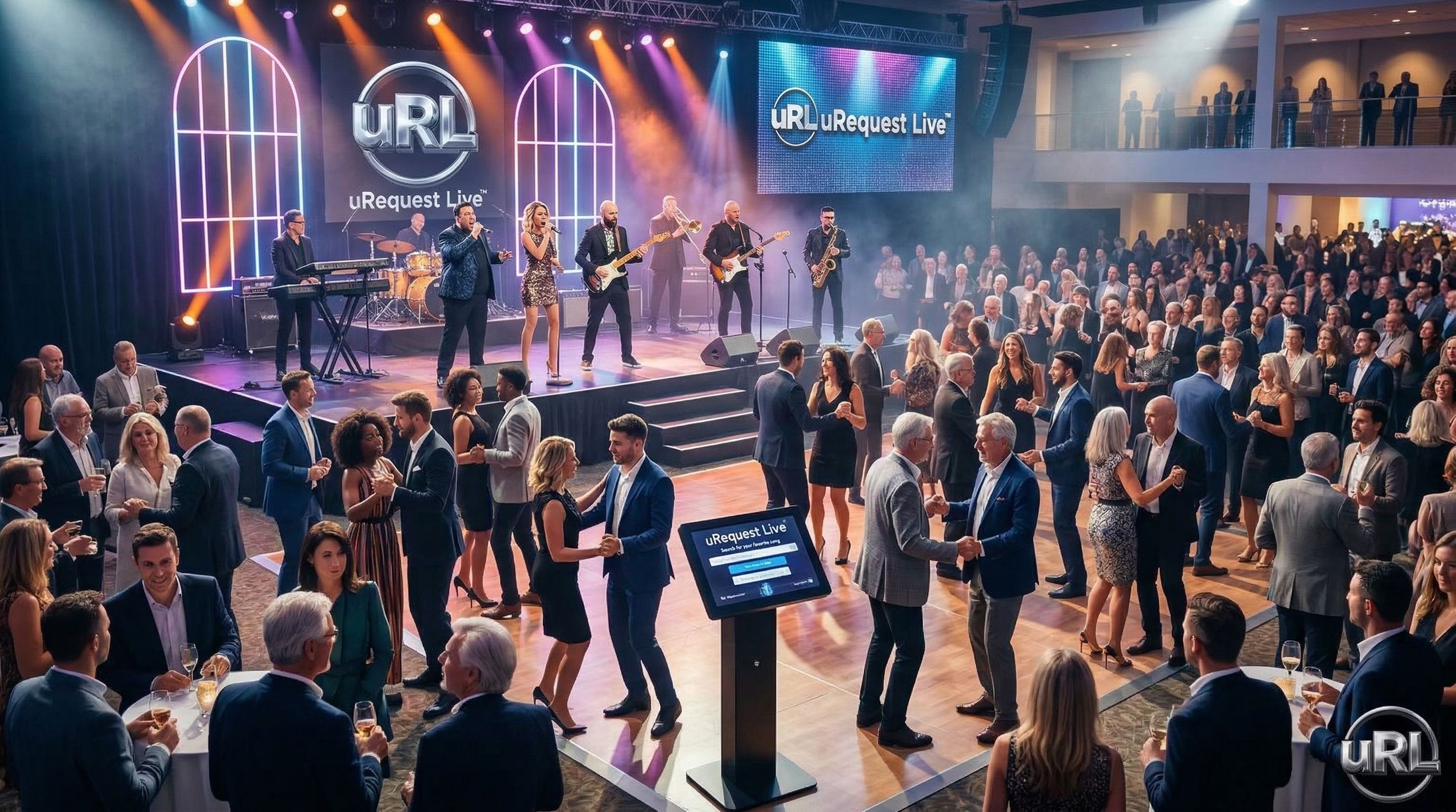 Wide view of multigenerational corporate celebration with interactive live entertainment