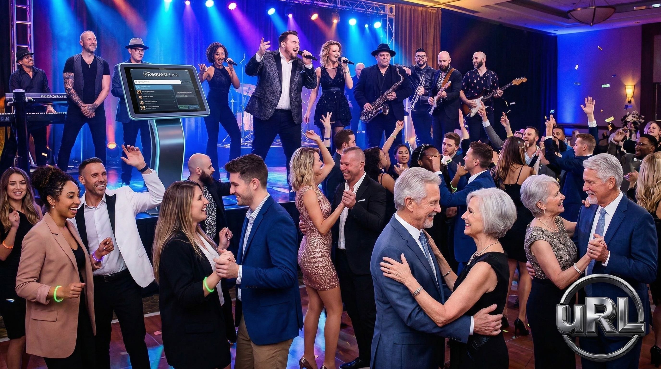 Multi-generational corporate crowd enjoying live band with young and senior professionals dancing