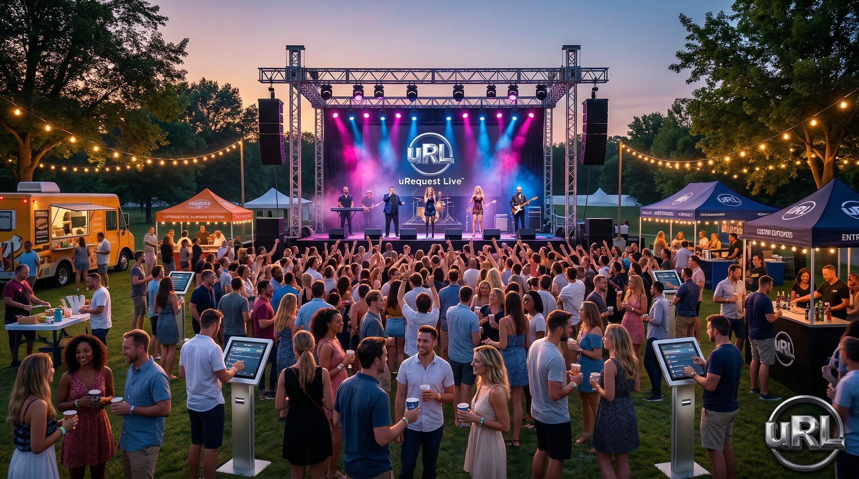 Wide view of outdoor corporate festival venue with main stage and food areas