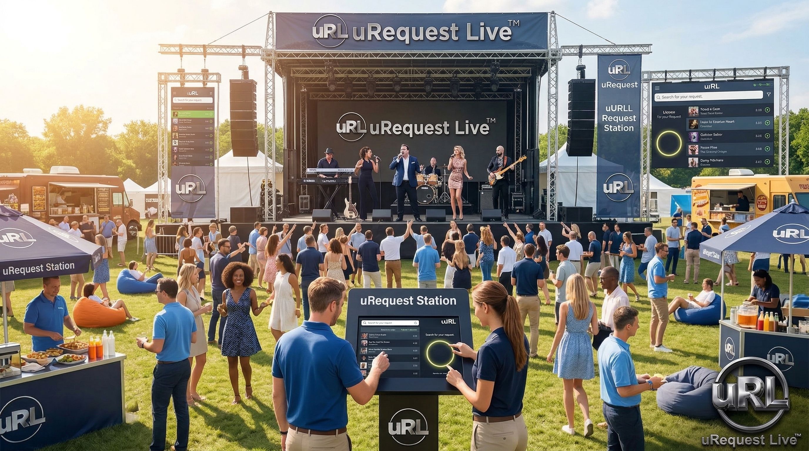 Outdoor festival-style corporate event with main stage and live band performing