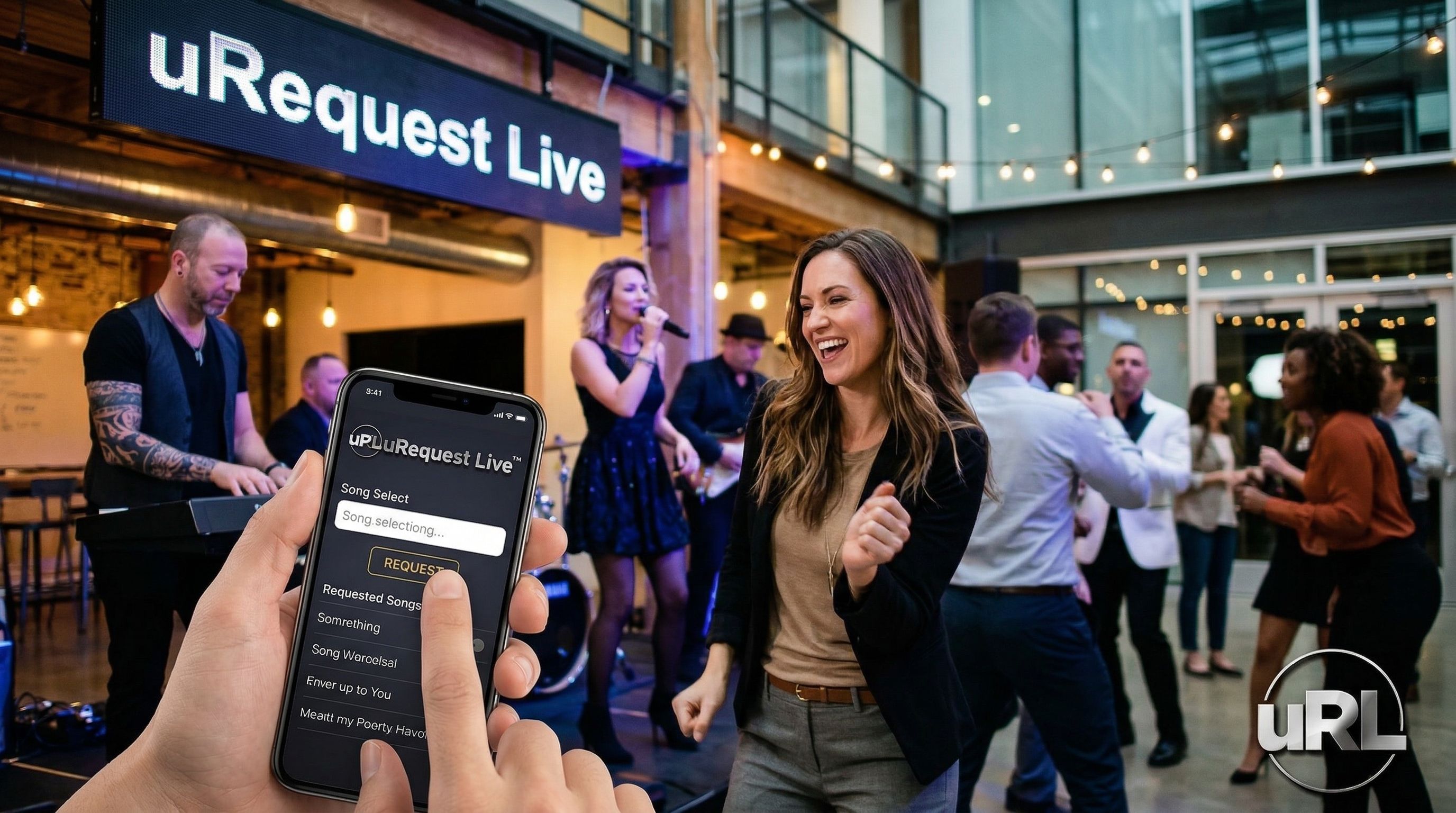 Tech startup employees engaging with interactive music entertainment technology