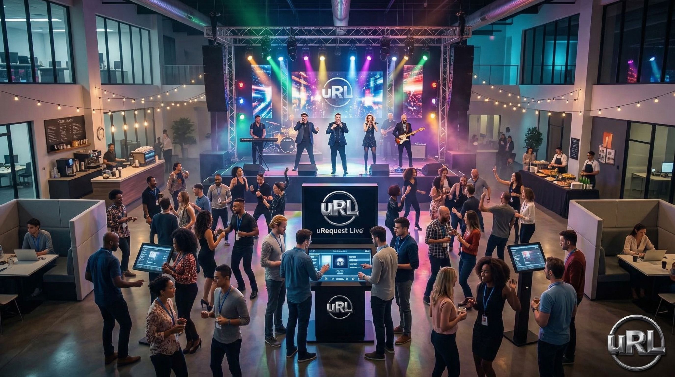Wide view of Silicon Valley style tech company event with live interactive band