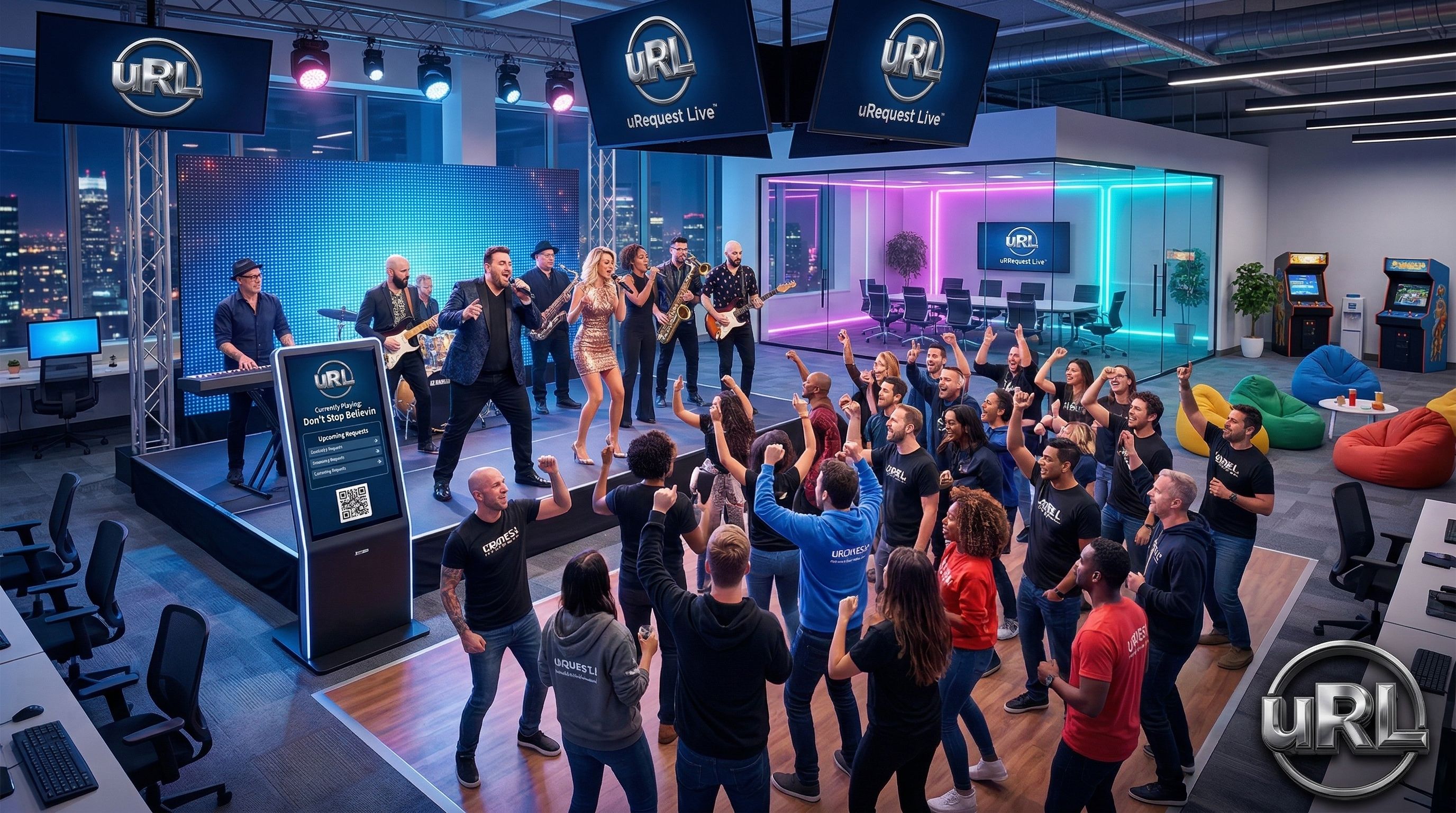 Tech company party with interactive live band in modern office space with engineers dancing