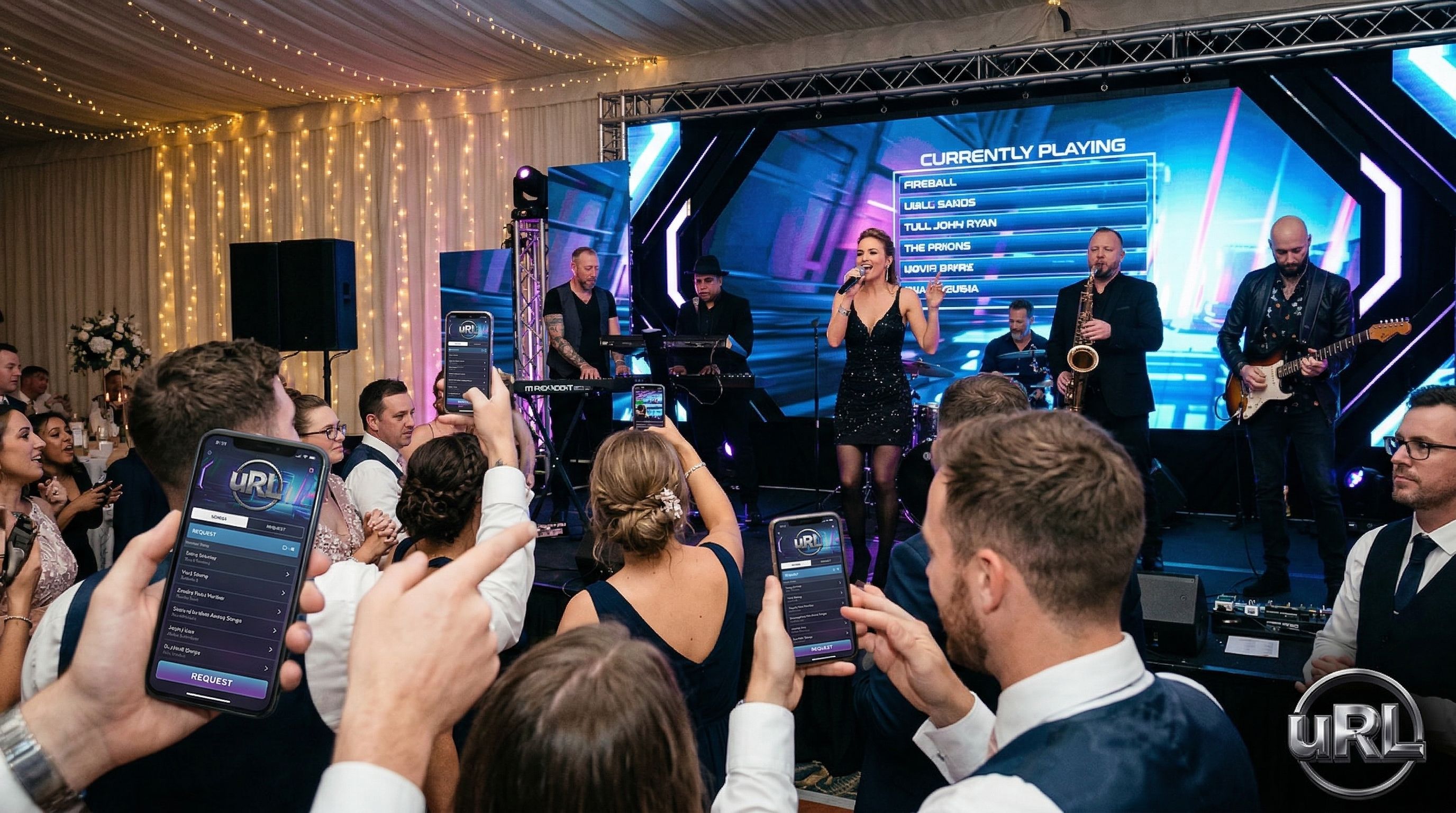 Wedding guests using phones to request songs from interactive live band