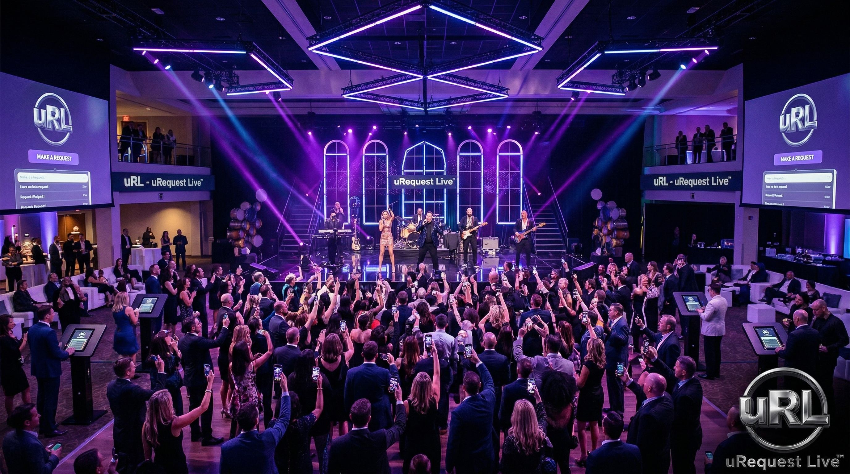 Full venue view comparing interactive entertainment engagement at corporate event