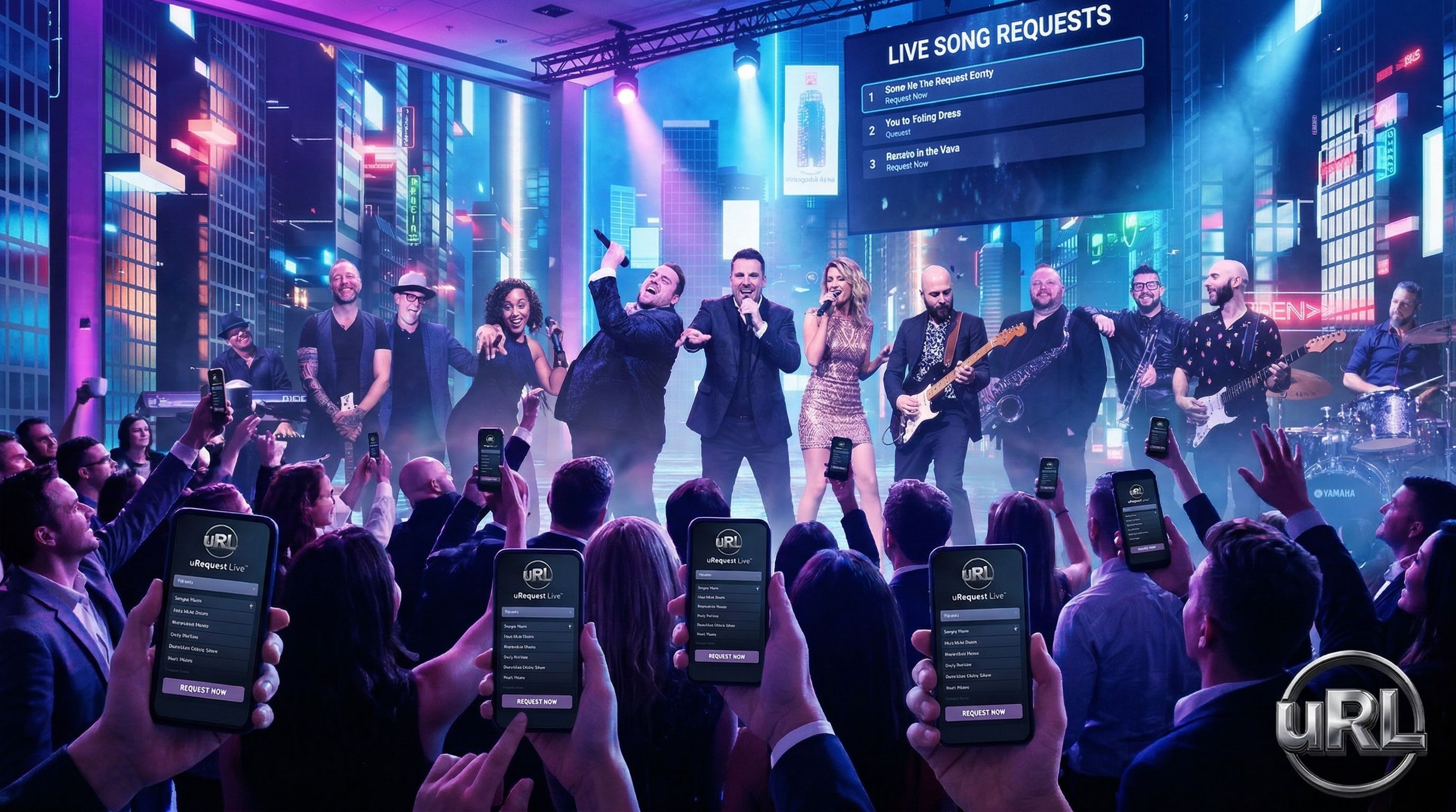Interactive live band entertainment with audience using phones to request songs at corporate event