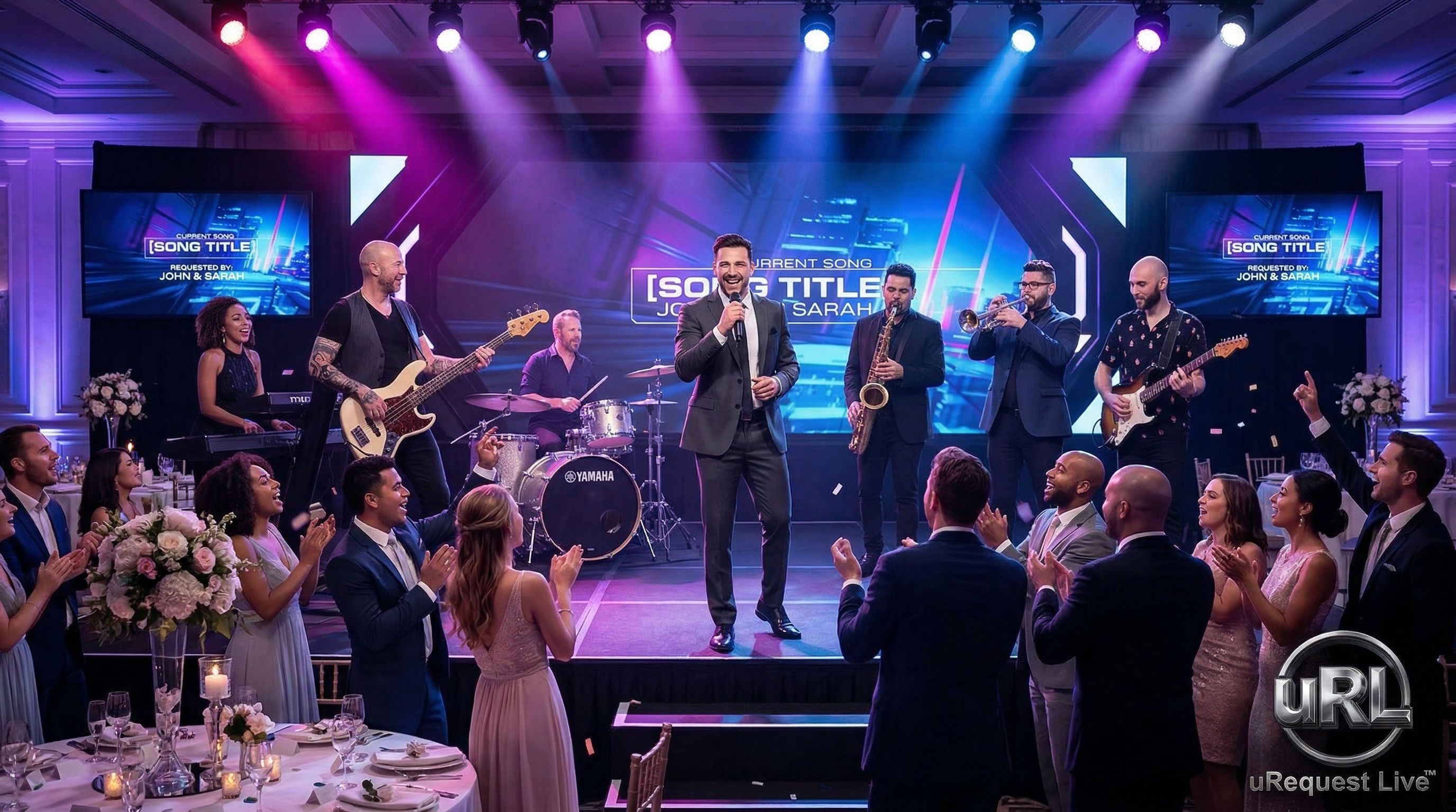 Wedding guest singing karaoke with live band backing at Toronto reception