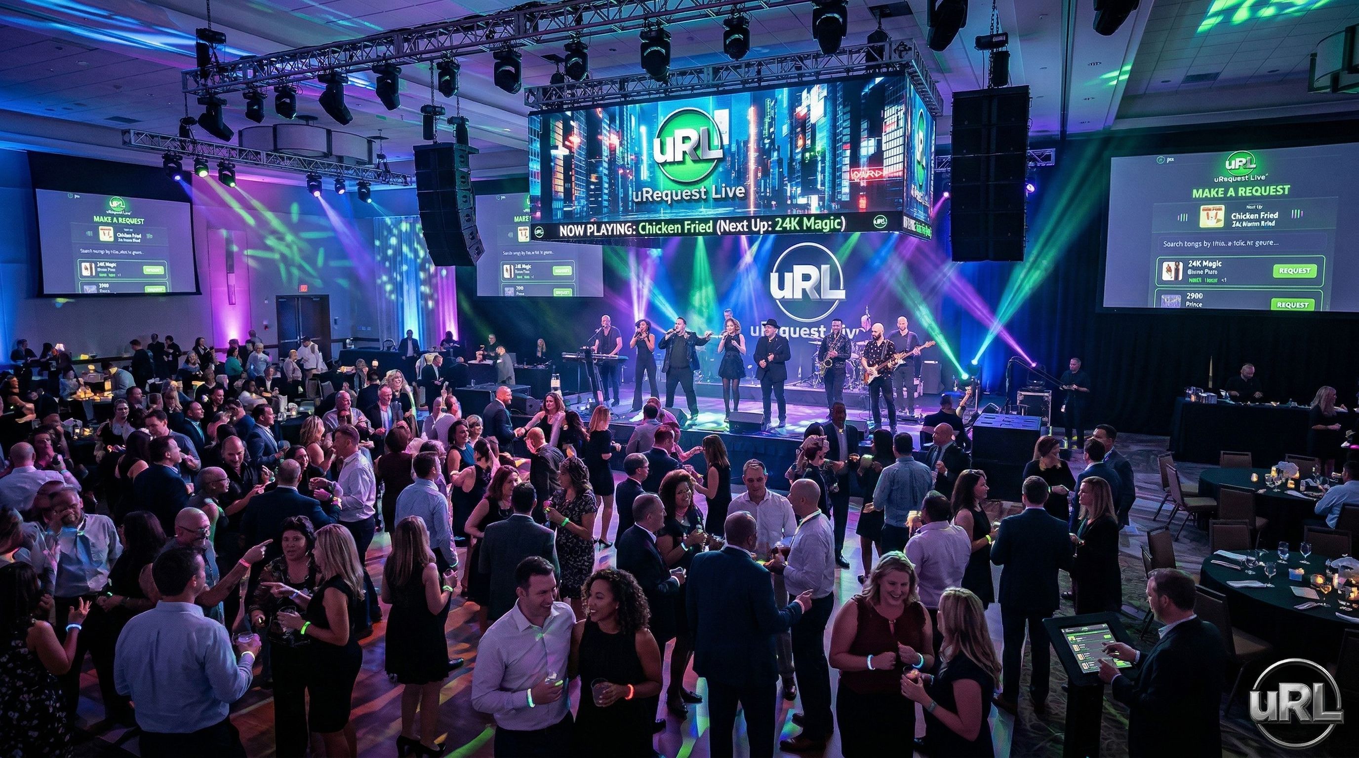 Full corporate event showing employee engagement during live band performance
