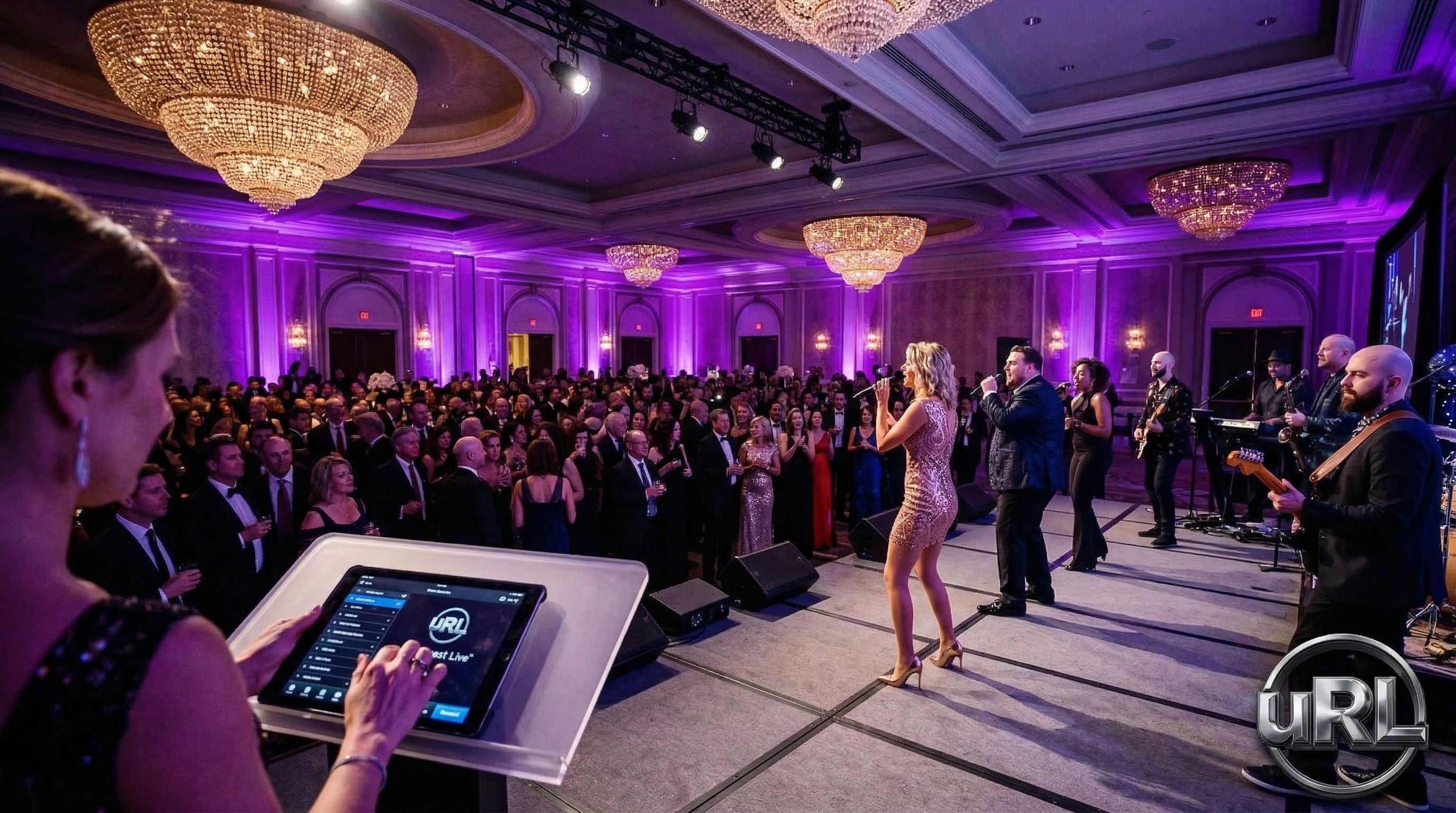 Detail of professional band setup and sound equipment at large-scale gala