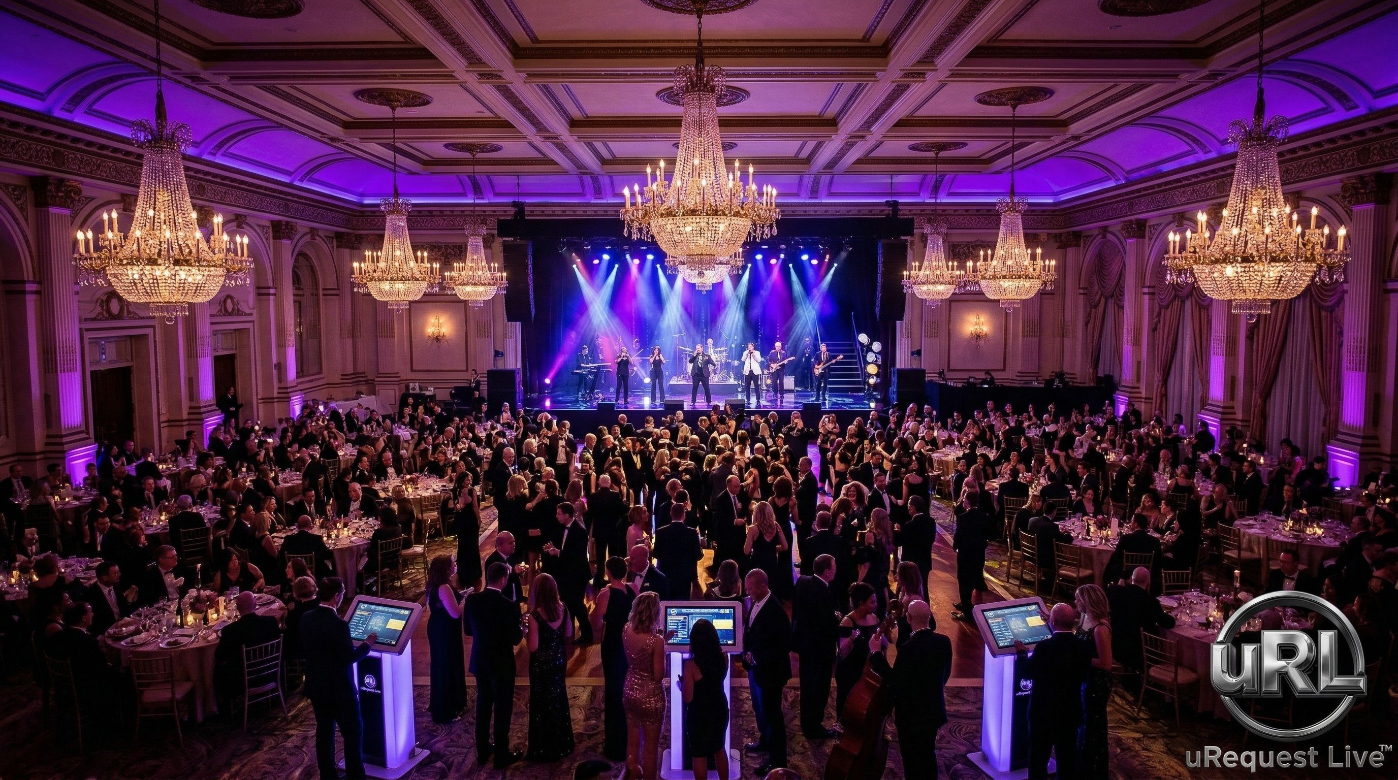 Wide angle view of 500-person corporate gala with live entertainment and uplighting