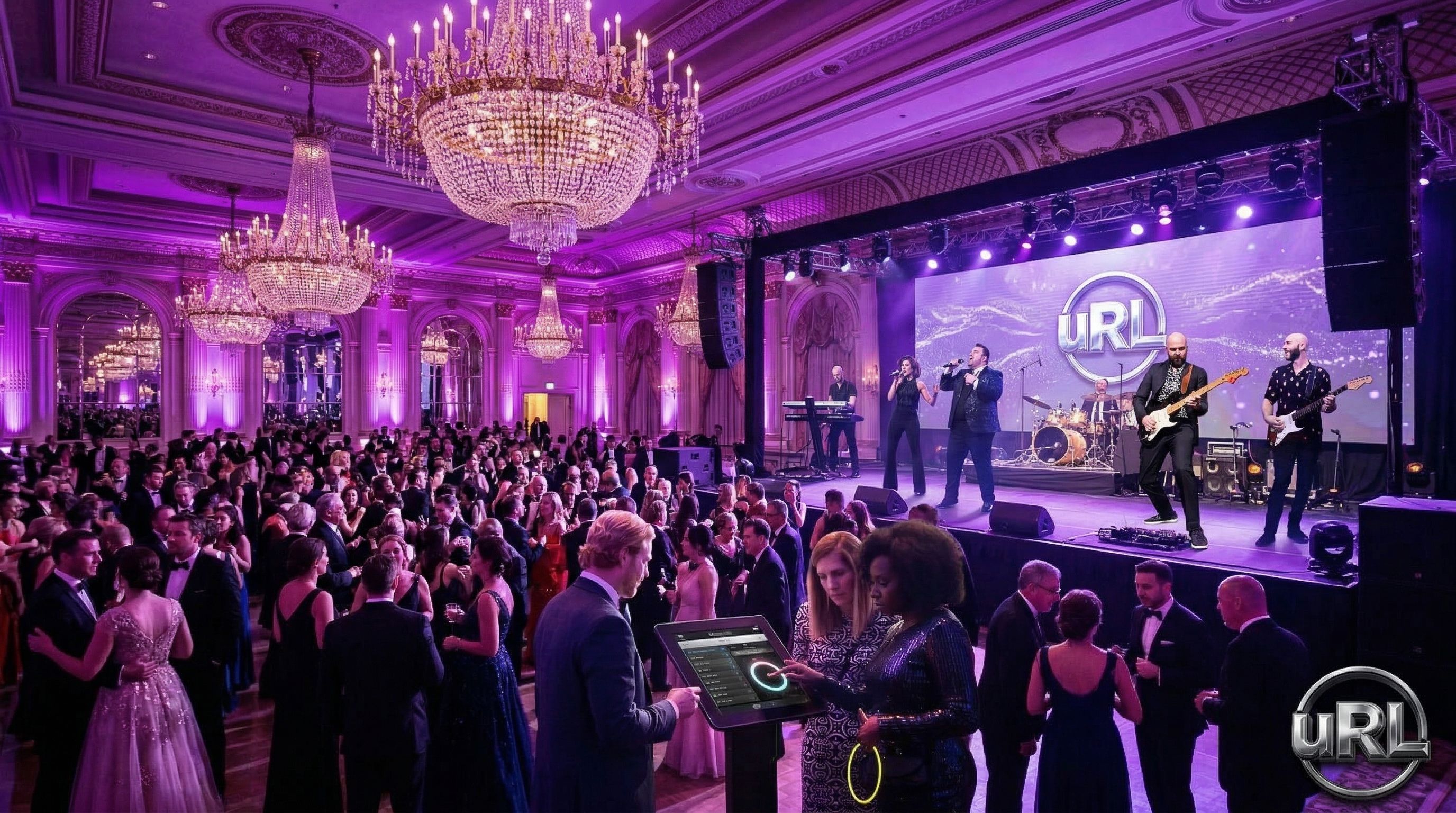 Grand ballroom corporate gala with 500 guests and professional live band on stage