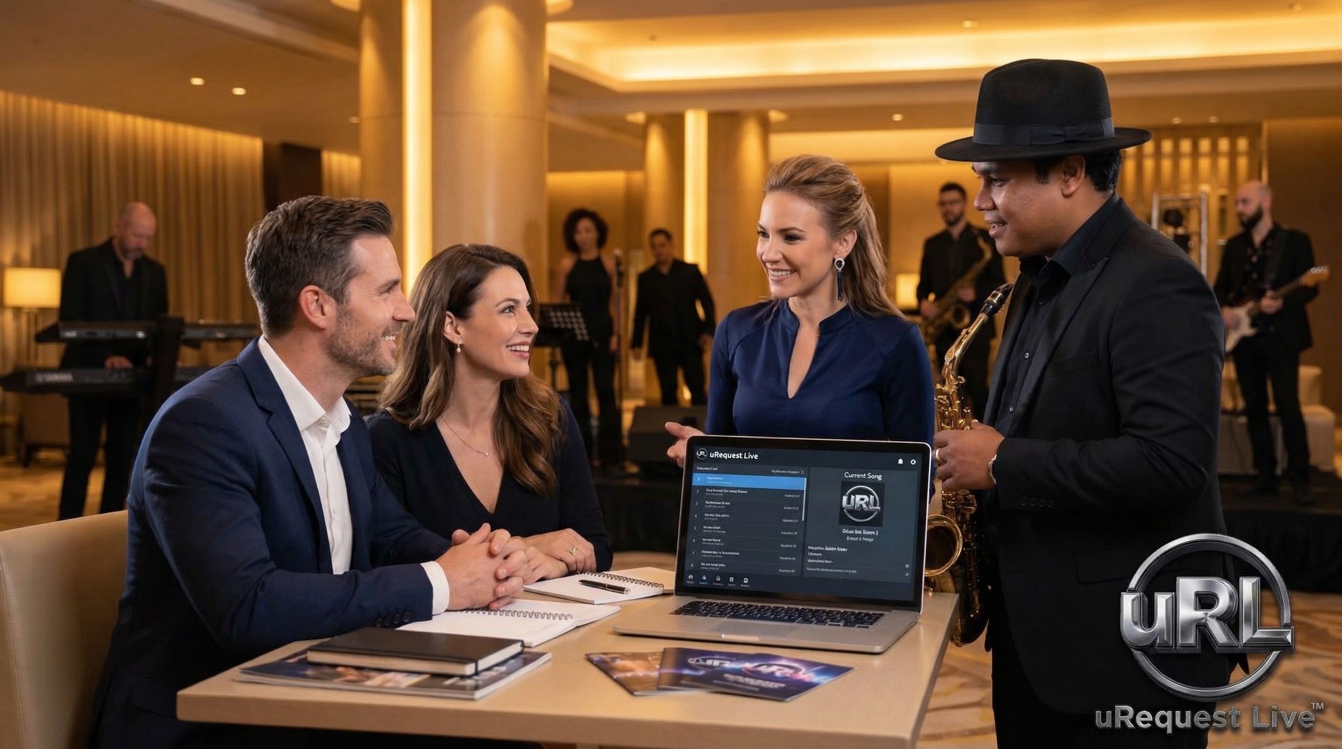 Couple meeting with wedding band leader for consultation at Toronto venue