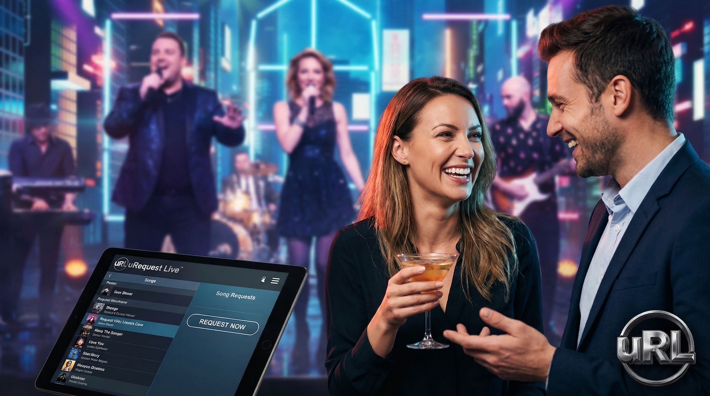 Team members connecting over live music at modern corporate celebration