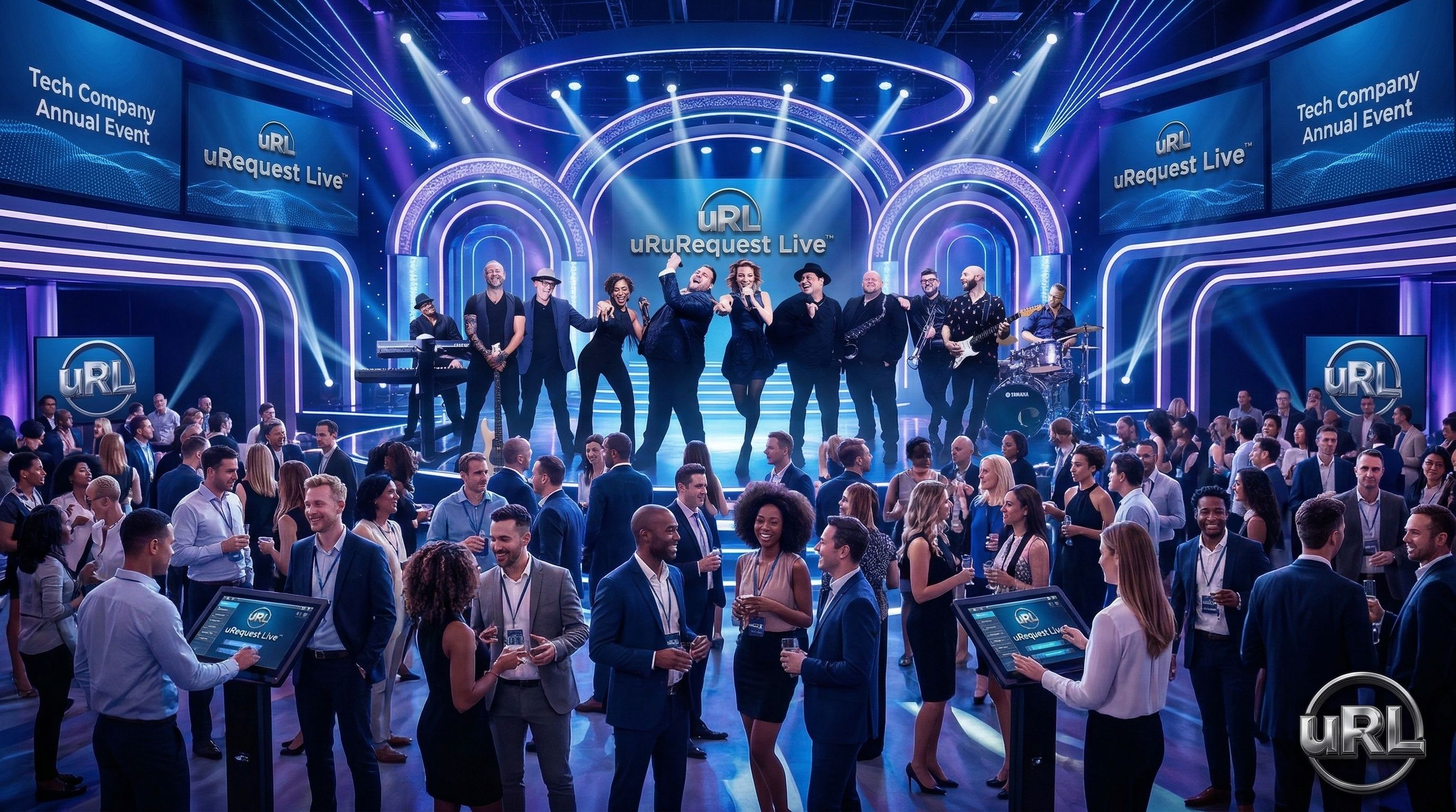 Full corporate event space showing employee engagement during live band performance