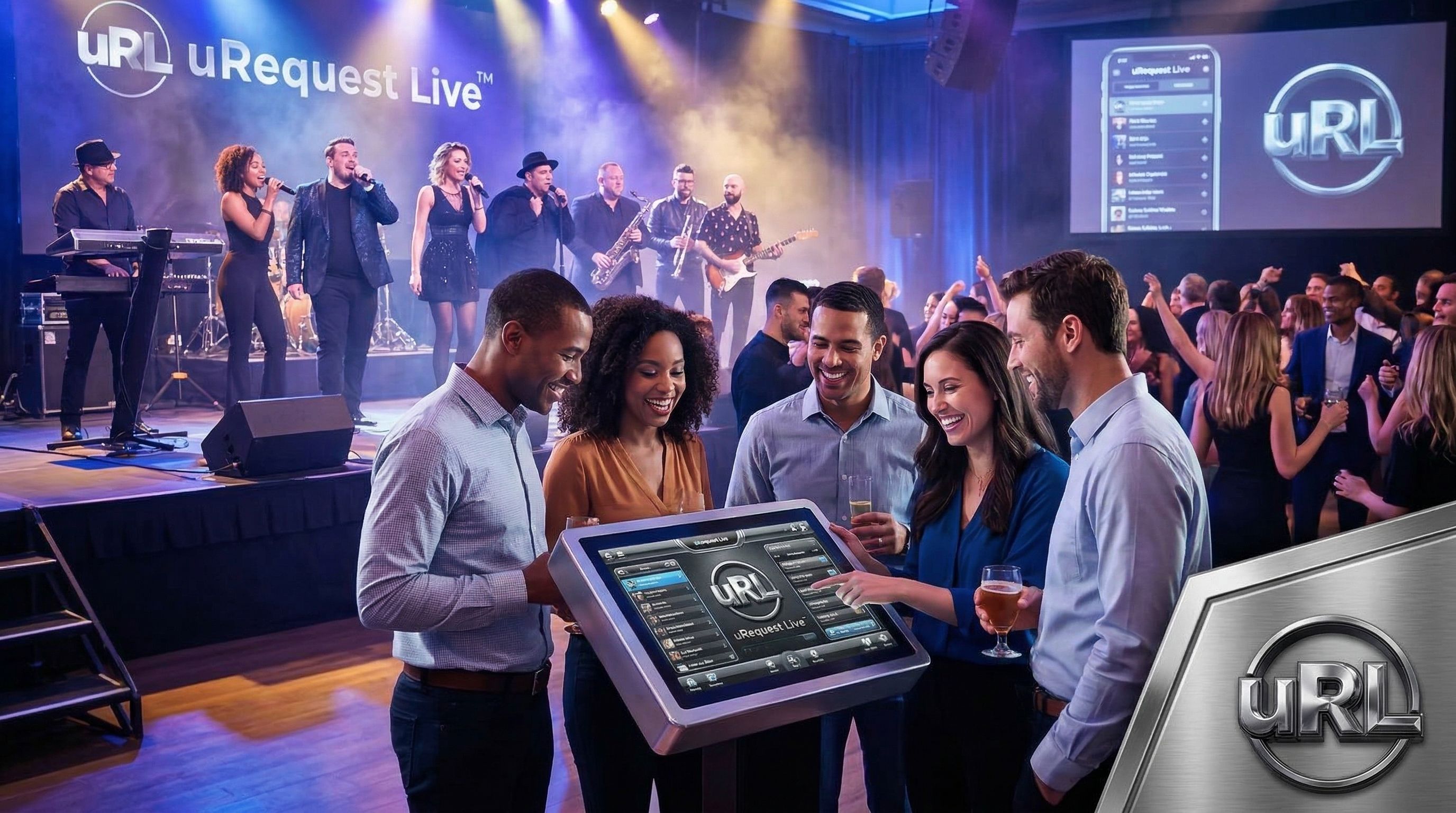 Employees networking and engaging at corporate event with live music entertainment
