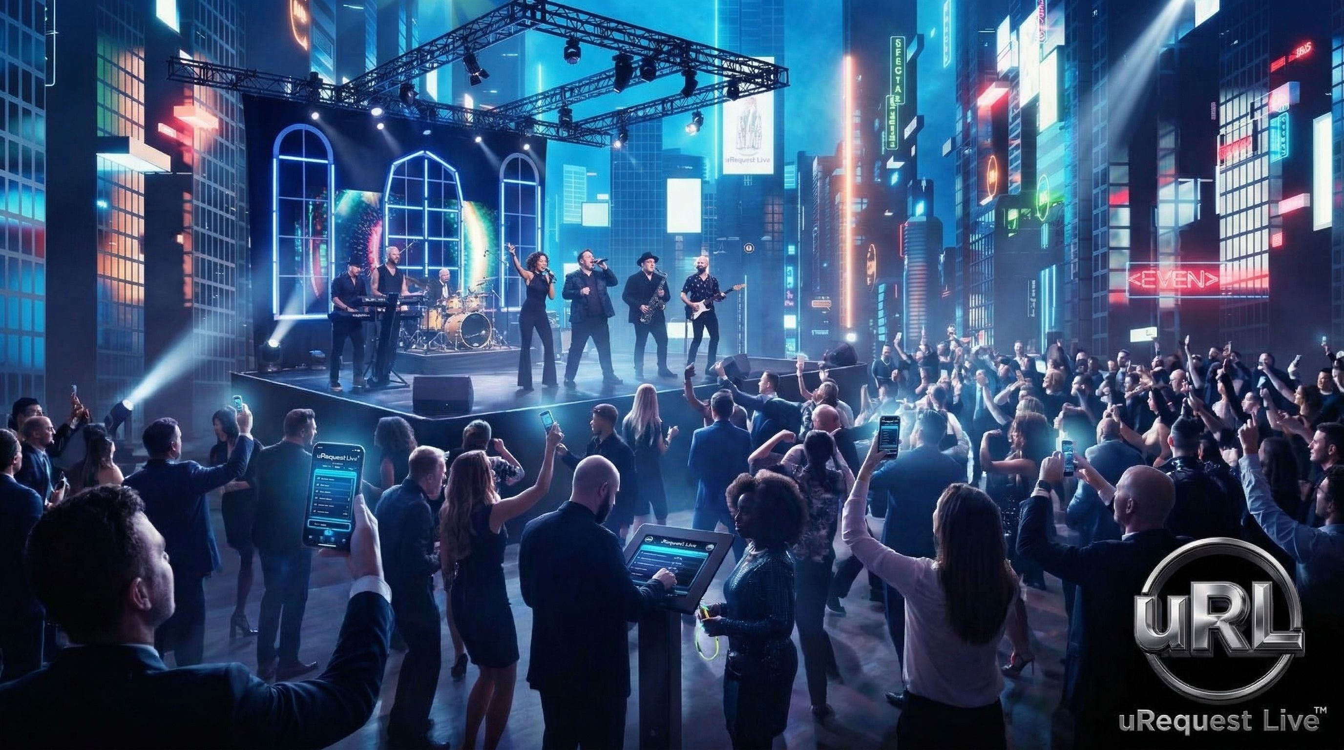 Full dance floor at corporate event with upgraded interactive band entertainment