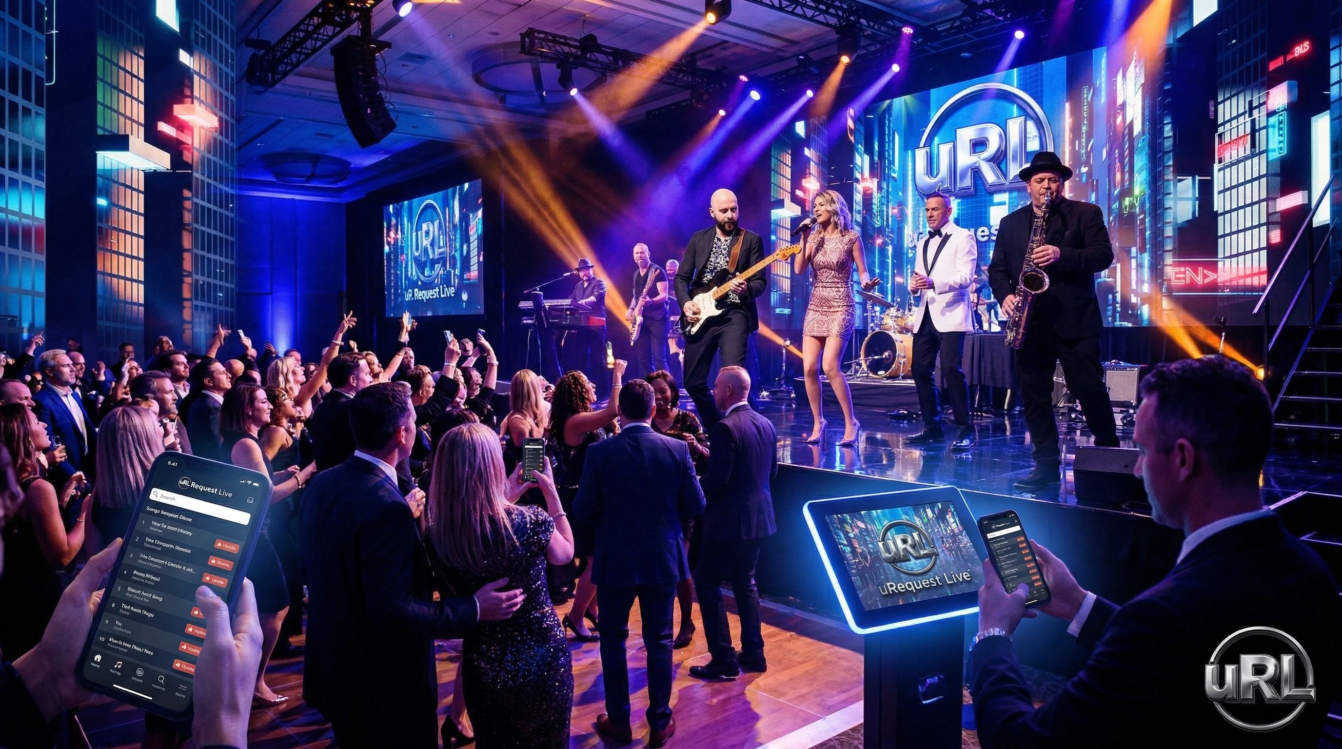 Energized corporate event crowd dancing and making song requests on their phones