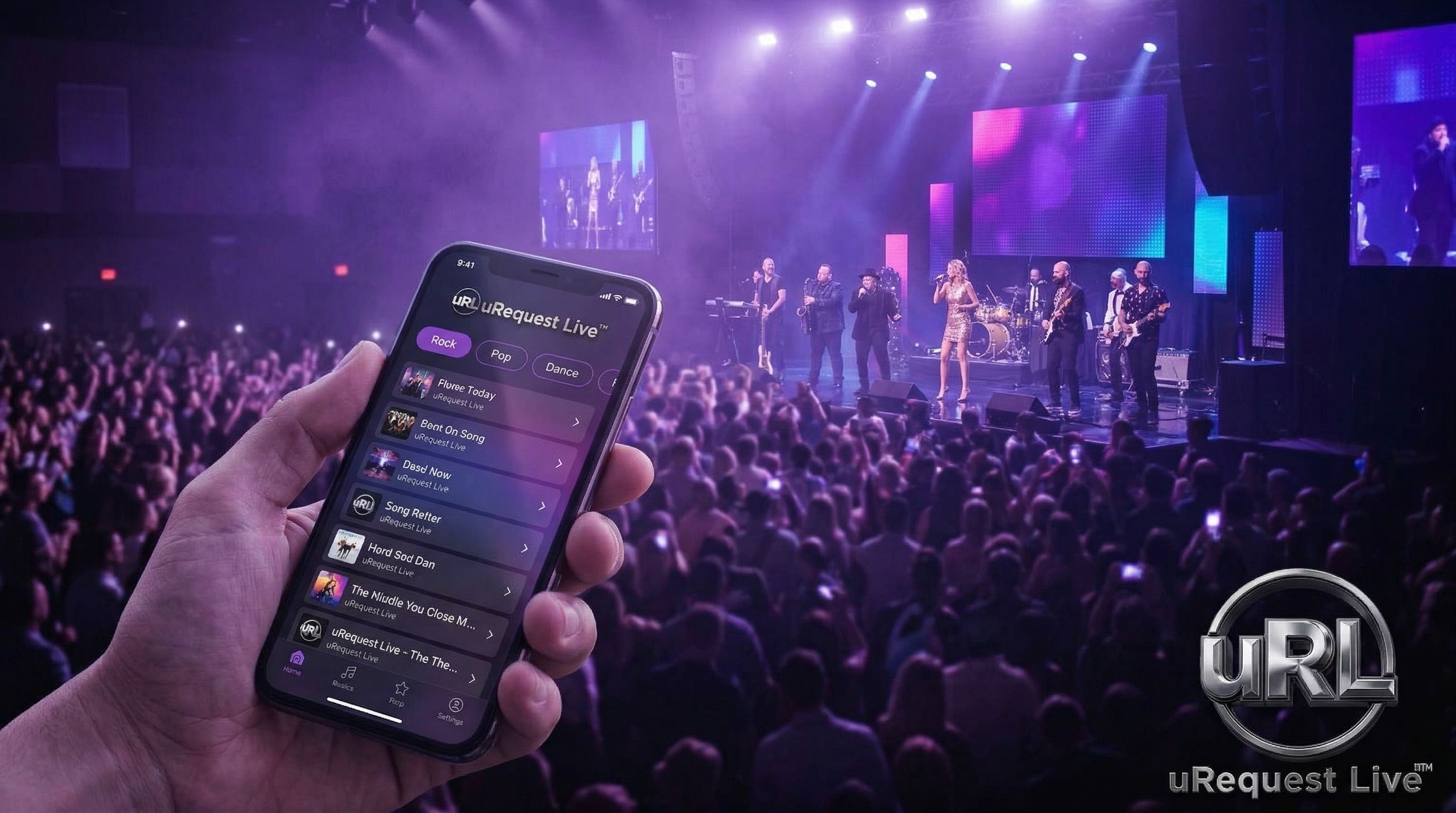 Venue atmosphere showing guests using song request technology with live band