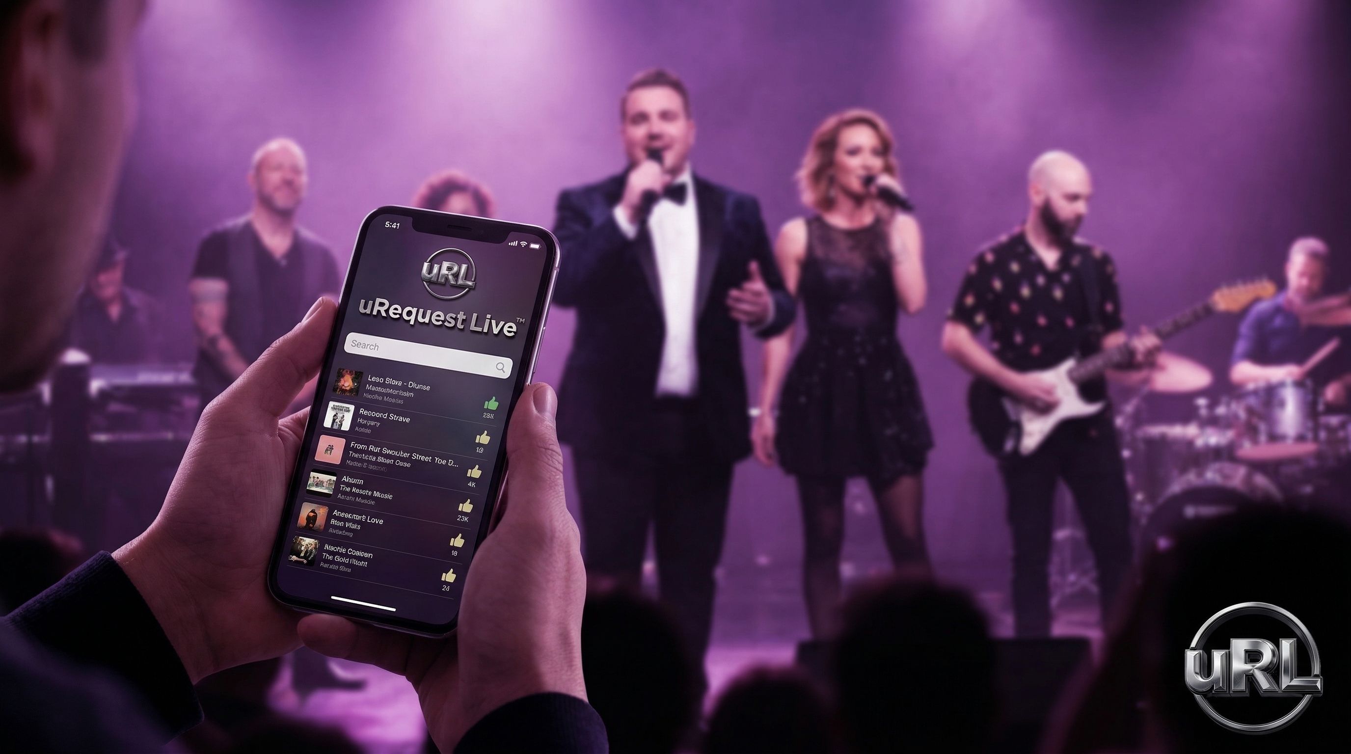 Song request app interface on smartphone at live music event with band performing
