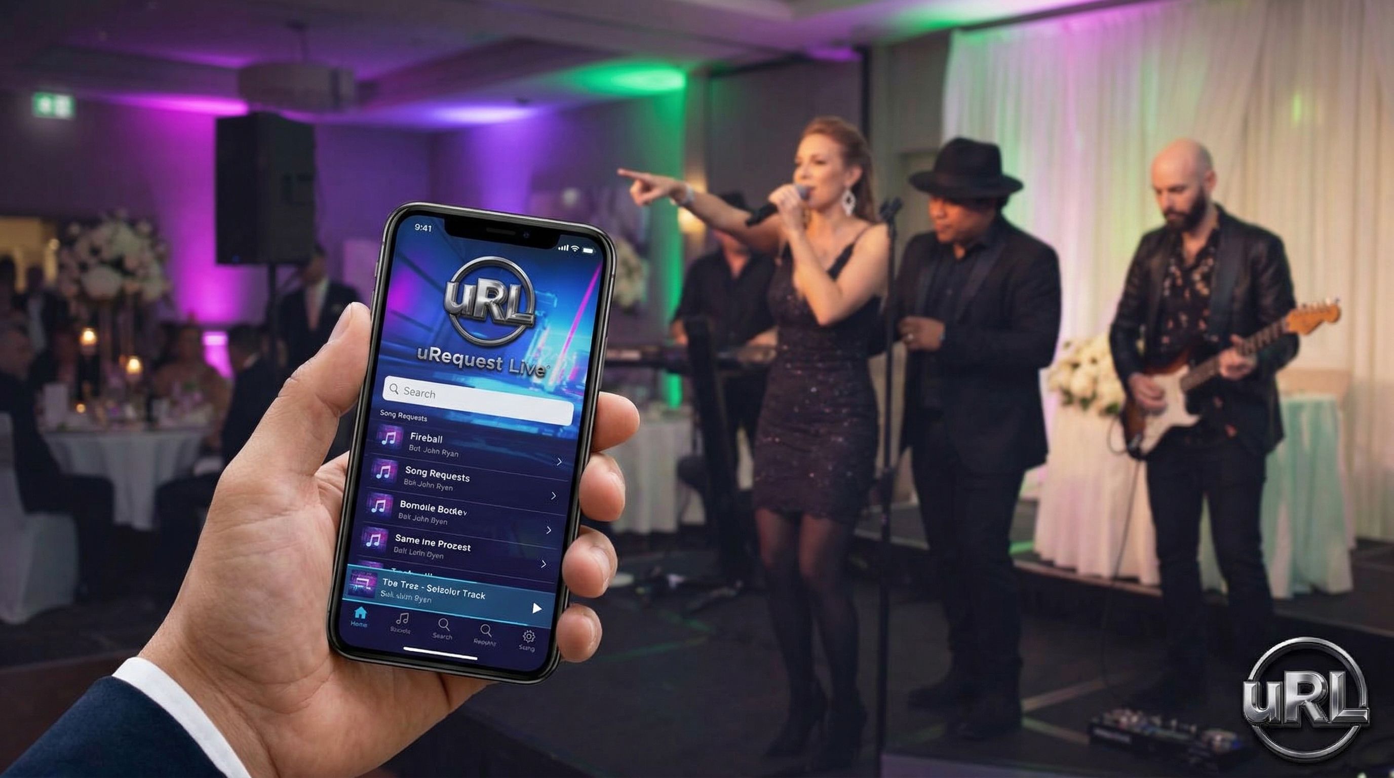 Wedding guest using song request technology on smartphone with live band performing