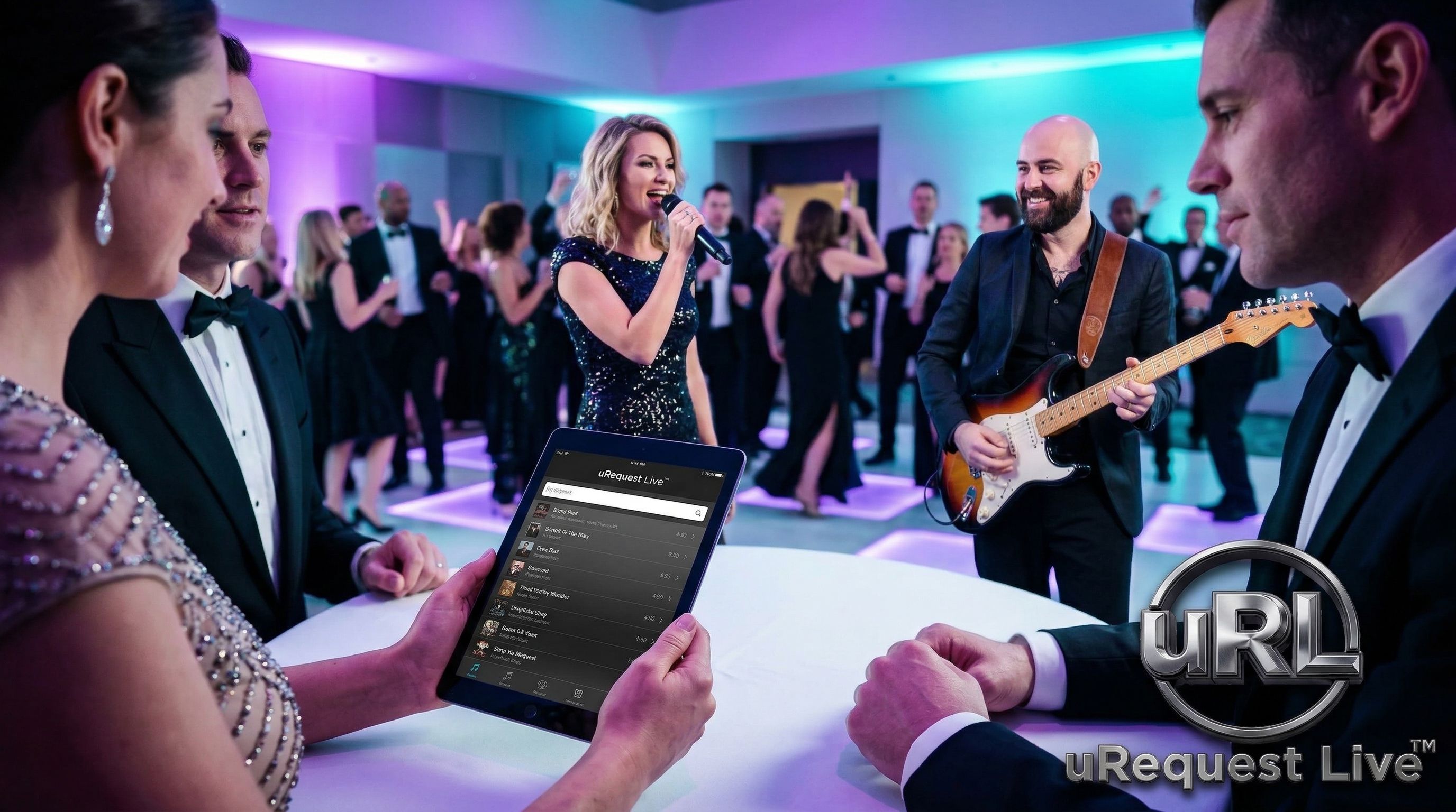 Close-up of band musicians playing at corporate event with dramatic lighting