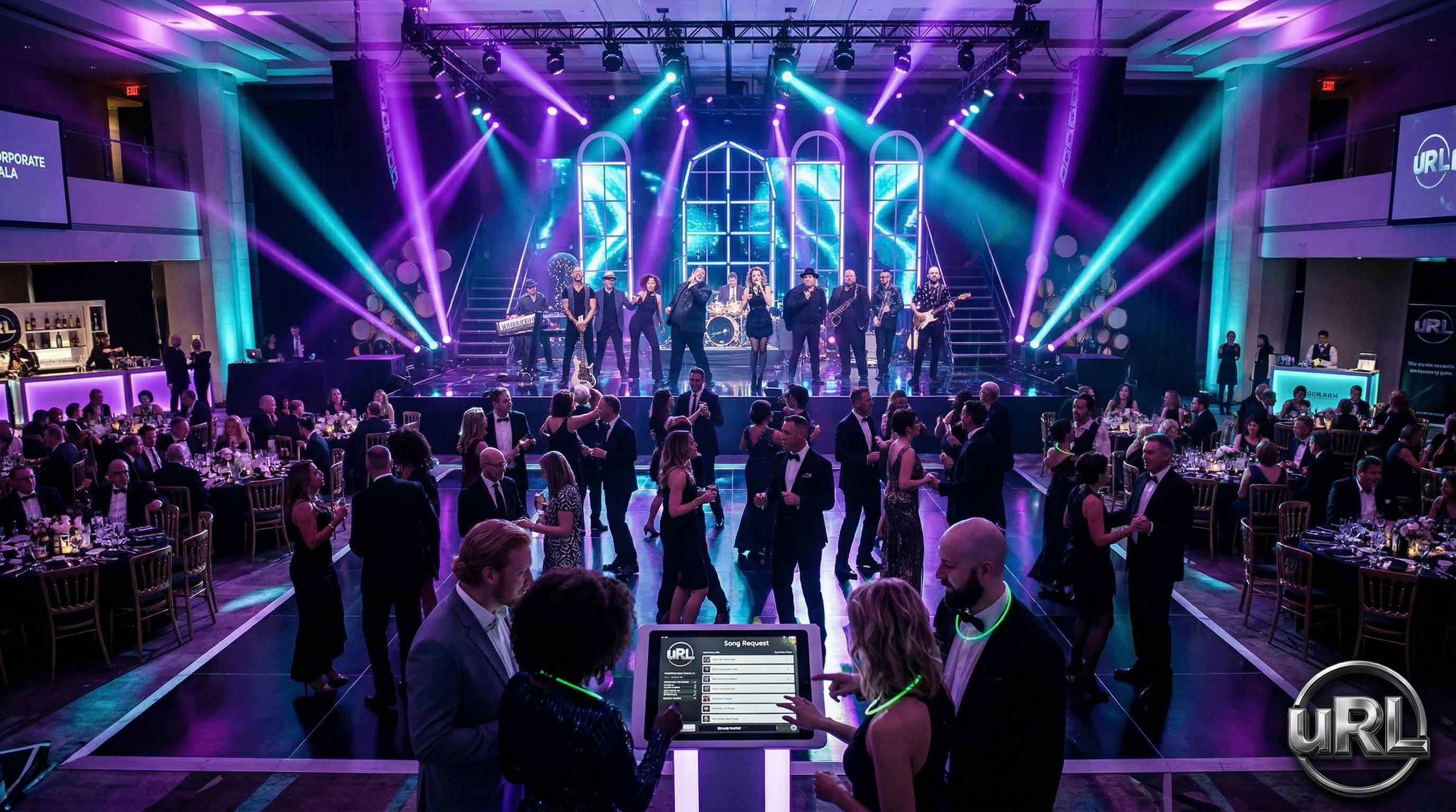 Wide view of elegant corporate gala venue with live band and dancing guests