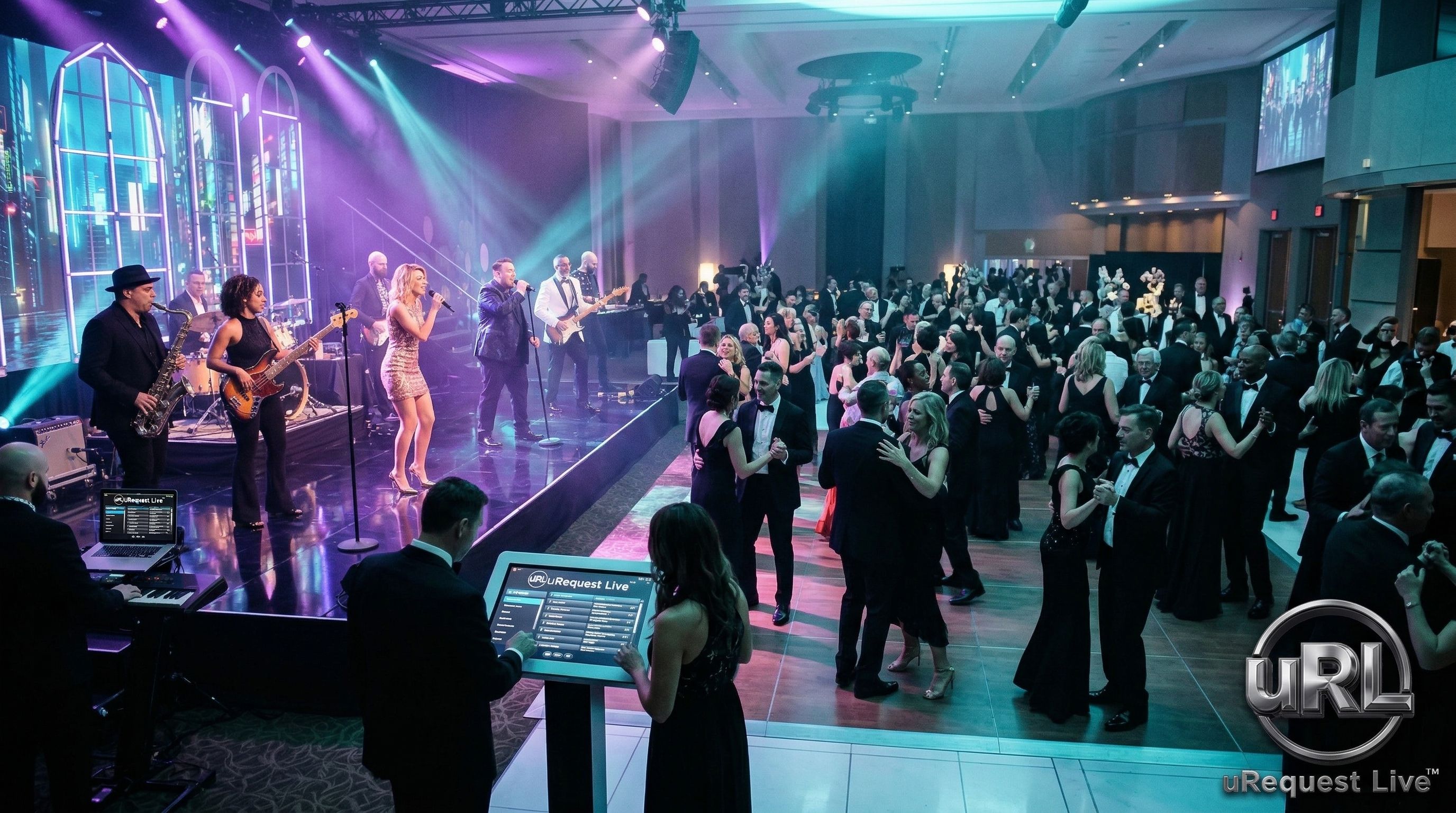 Live band performing top songs at a corporate gala event in 2026 with purple stage lighting