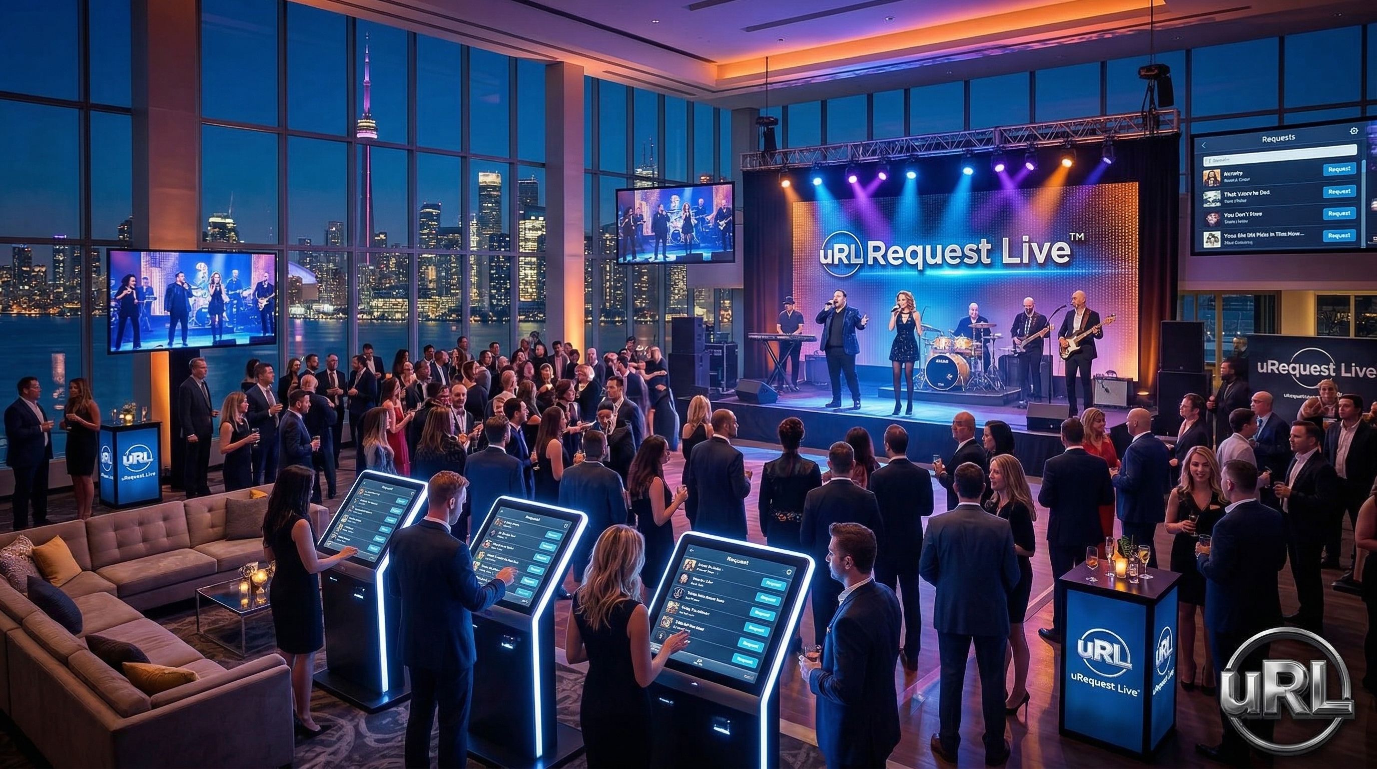 Wide view of Toronto corporate entertainment venue with CN Tower skyline