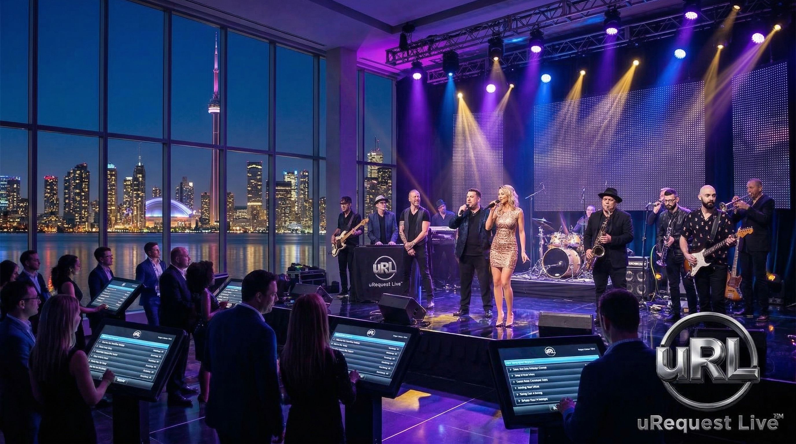 Toronto skyline with CN Tower and corporate event venue featuring interactive live band