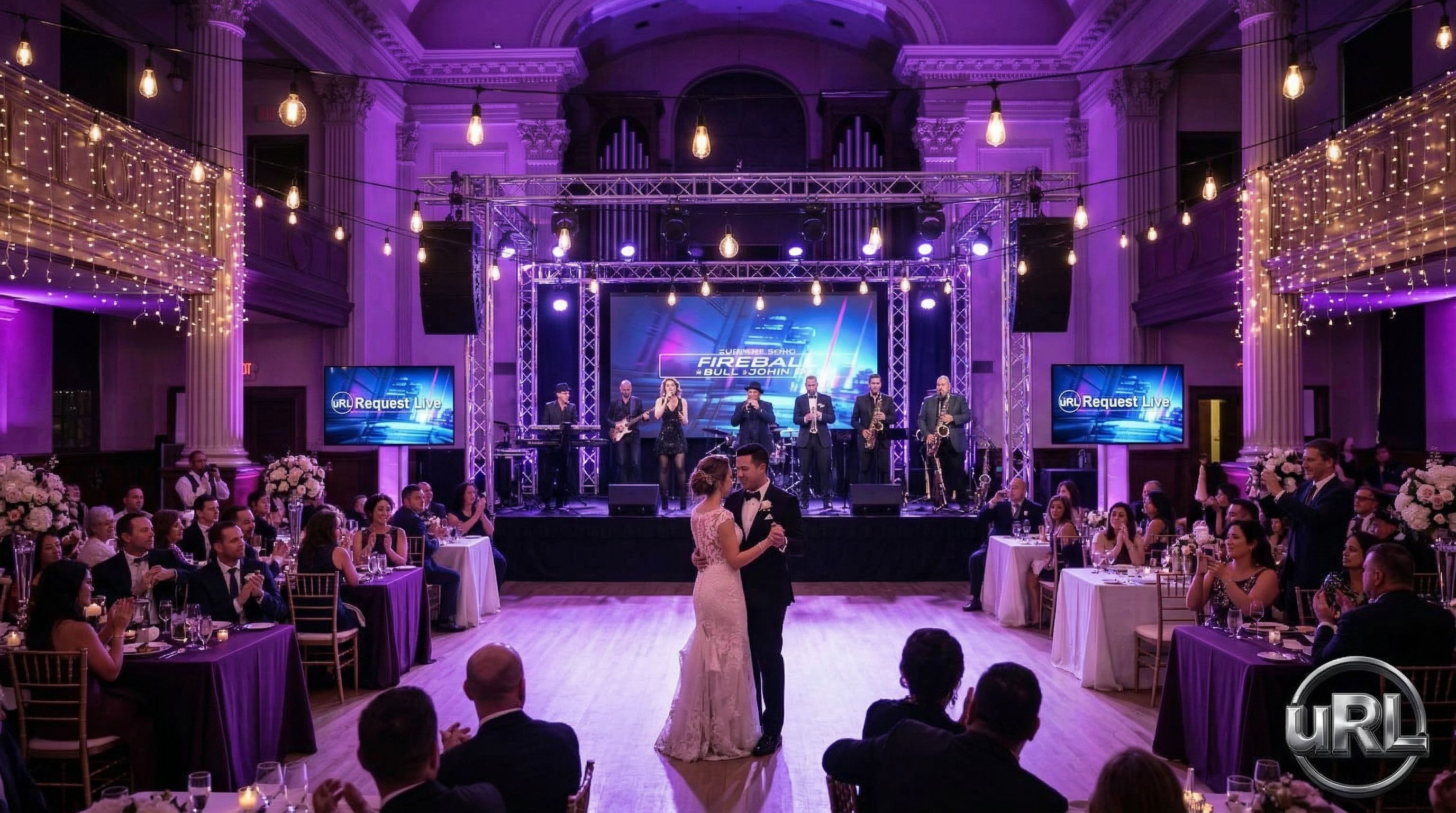 Full Toronto wedding reception venue with live band setup and romantic lighting