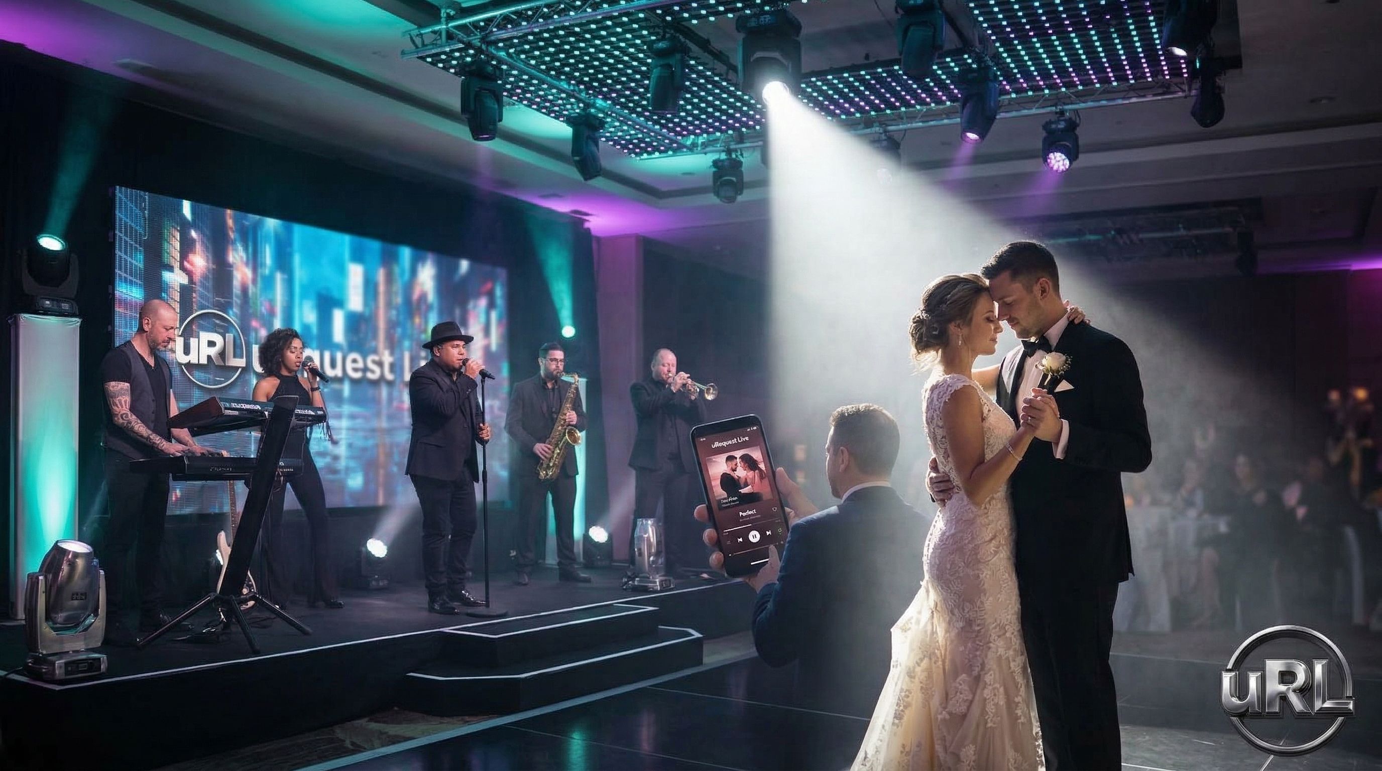 Intimate first dance with live band playing softly under romantic spotlight