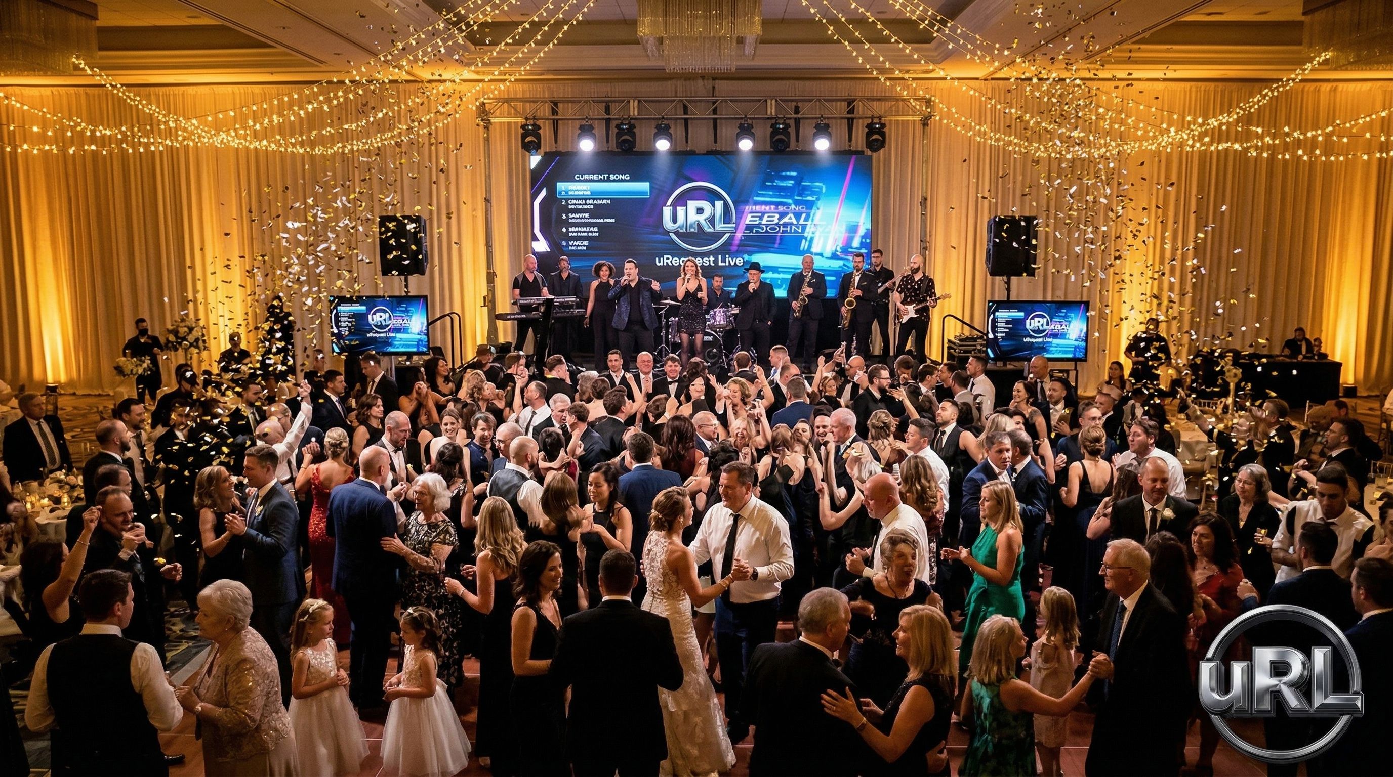 Wide view of full wedding dance floor with live band and golden lighting