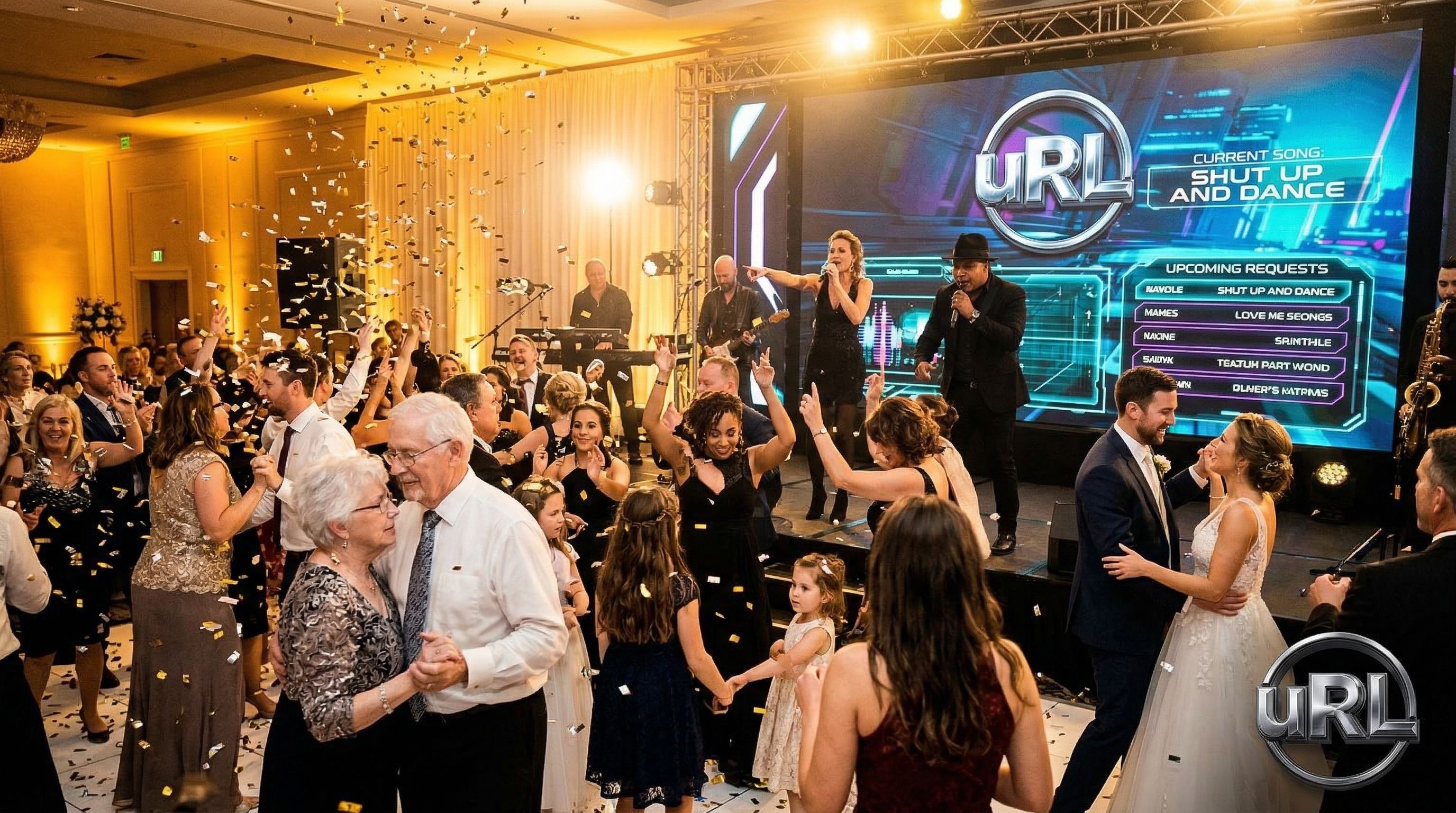 Packed wedding reception dance floor with guests of all ages dancing to live band