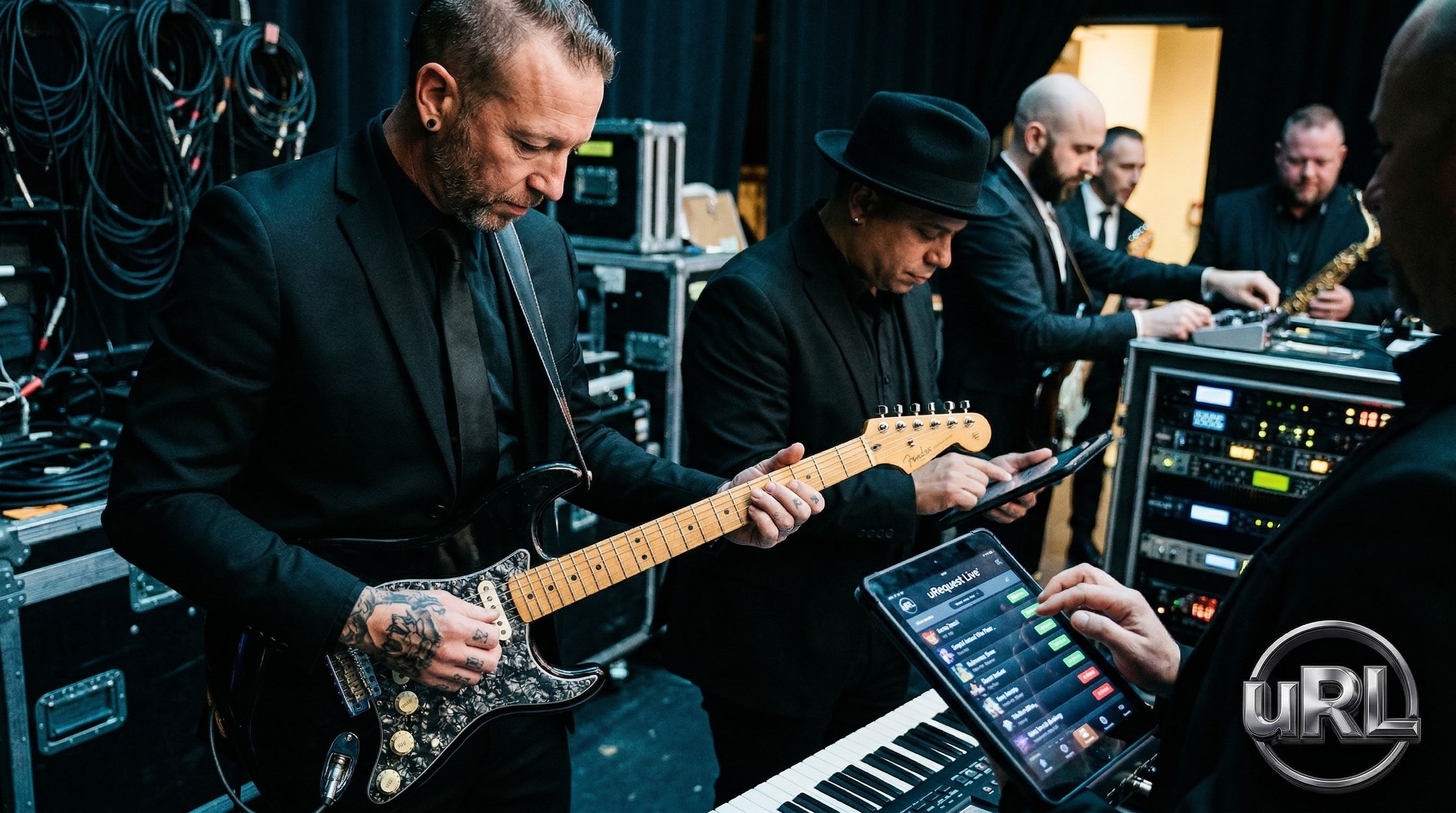 Close-up of premium band equipment and preparation for corporate performance